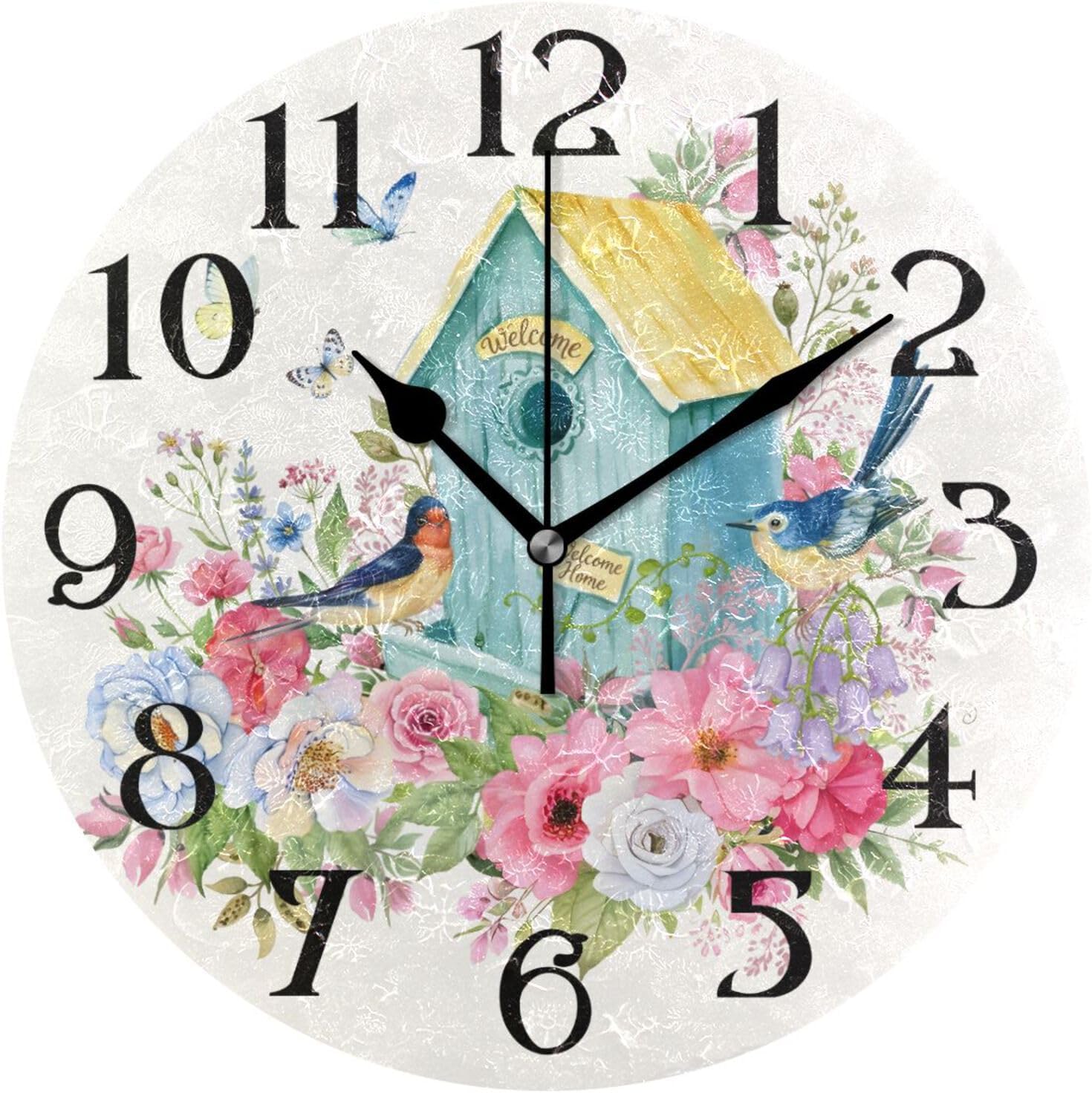 ALAZA Butterfly Clocks Bird House Wall Clock Birds Clock for Bathroom Garden Clocks Battery Operated Kitchen Clocks Wall Decorative 9.5 in Non Ticking Round Quartz Analog Clock
