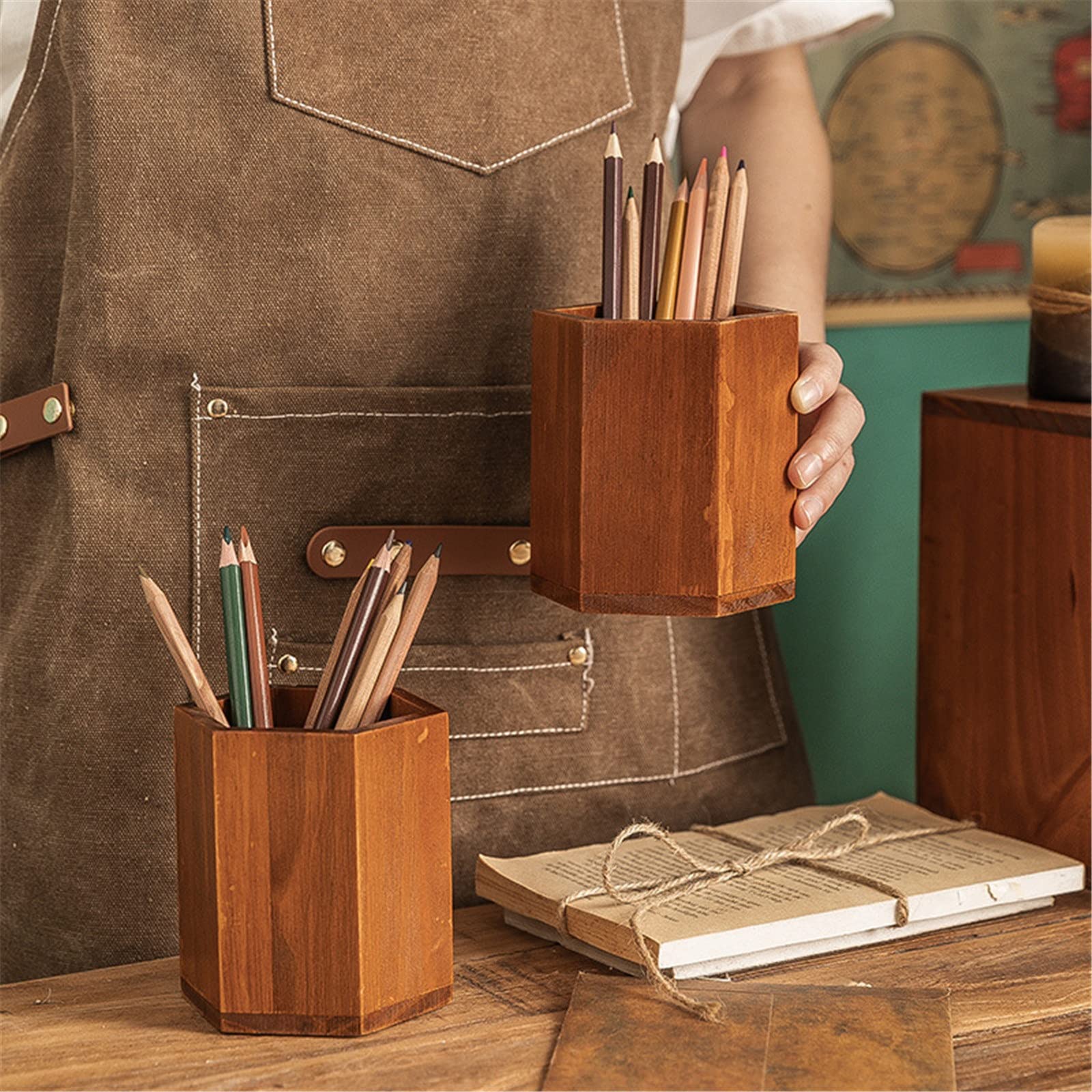 Portalápices de Madera para Escritorio, portalápices Multifuncional para Oficina, Escuela, hogar (A 10,7 x 10 cm)