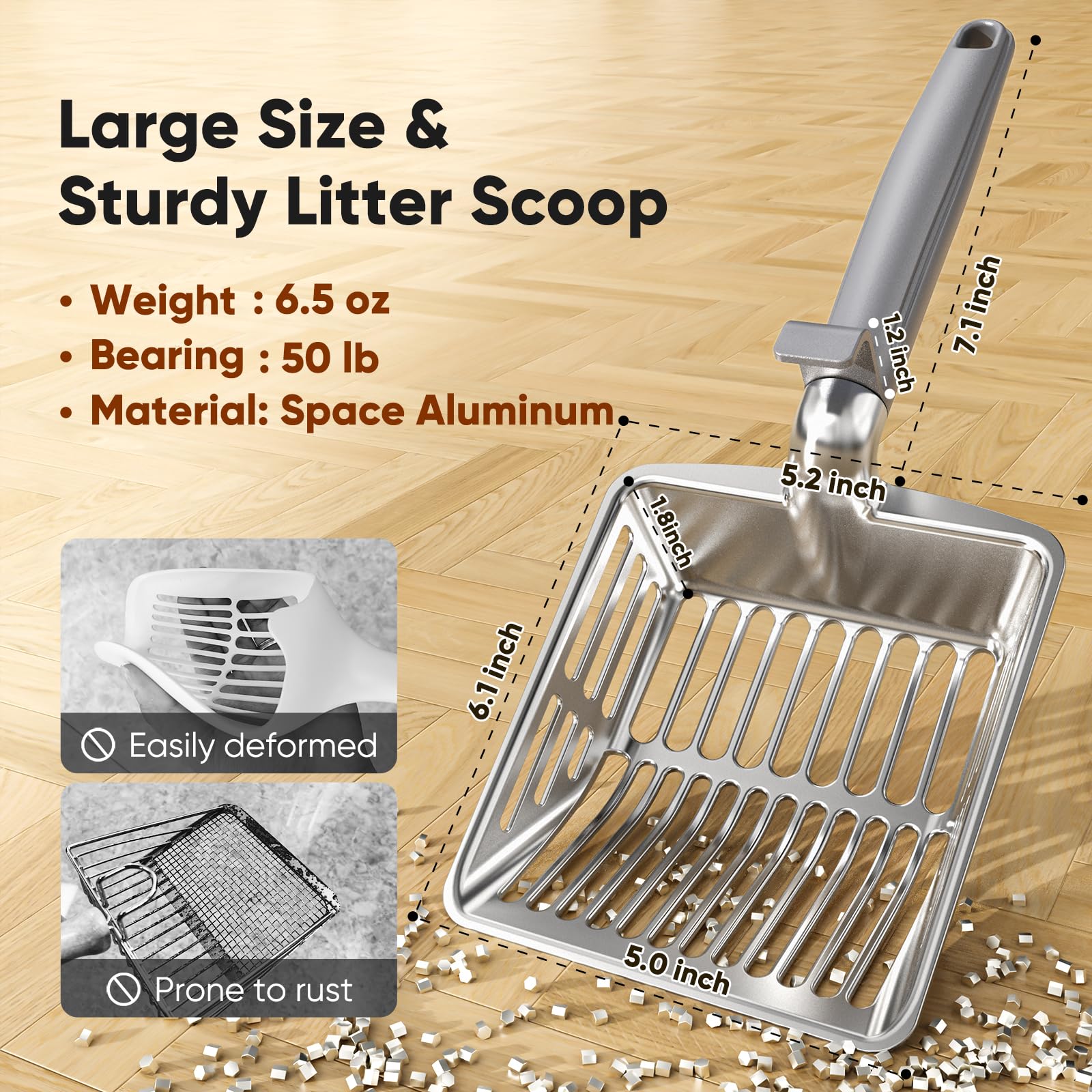 KooMooM Metal Cat Litter Scoop, Large Cat Scooper with Deep Shovel & Dual Sifting Holes for Fast & Precise Sifting, Space Aluminum Kitty Litter Scooper with Long Handle & Easy-to-Hang Hook - Grey - image 2