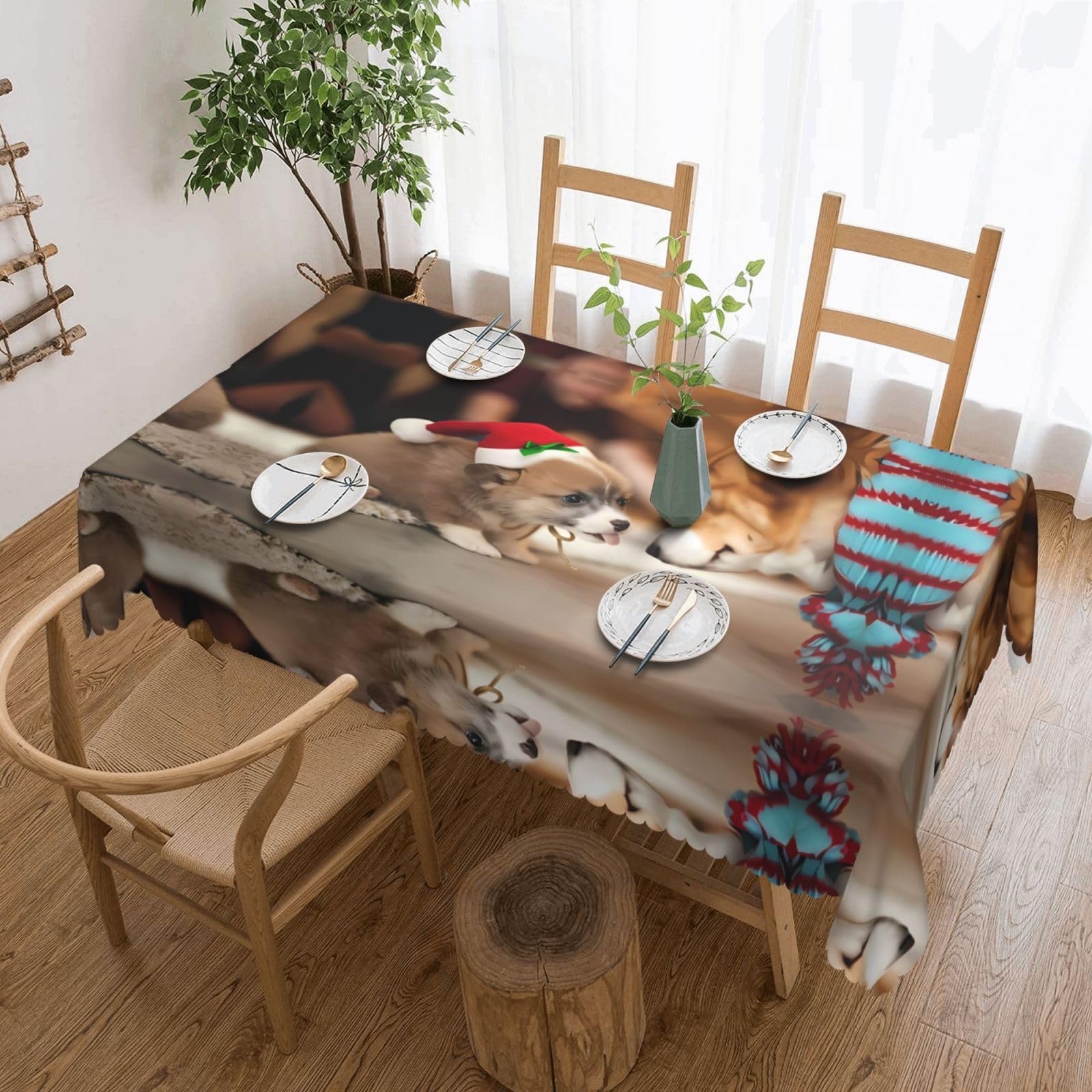 HLSBSSL Cute Corgi Patterned square lace tablecloth, wrinkle-resistant and durable, suitable for dining tables, parties, etc.