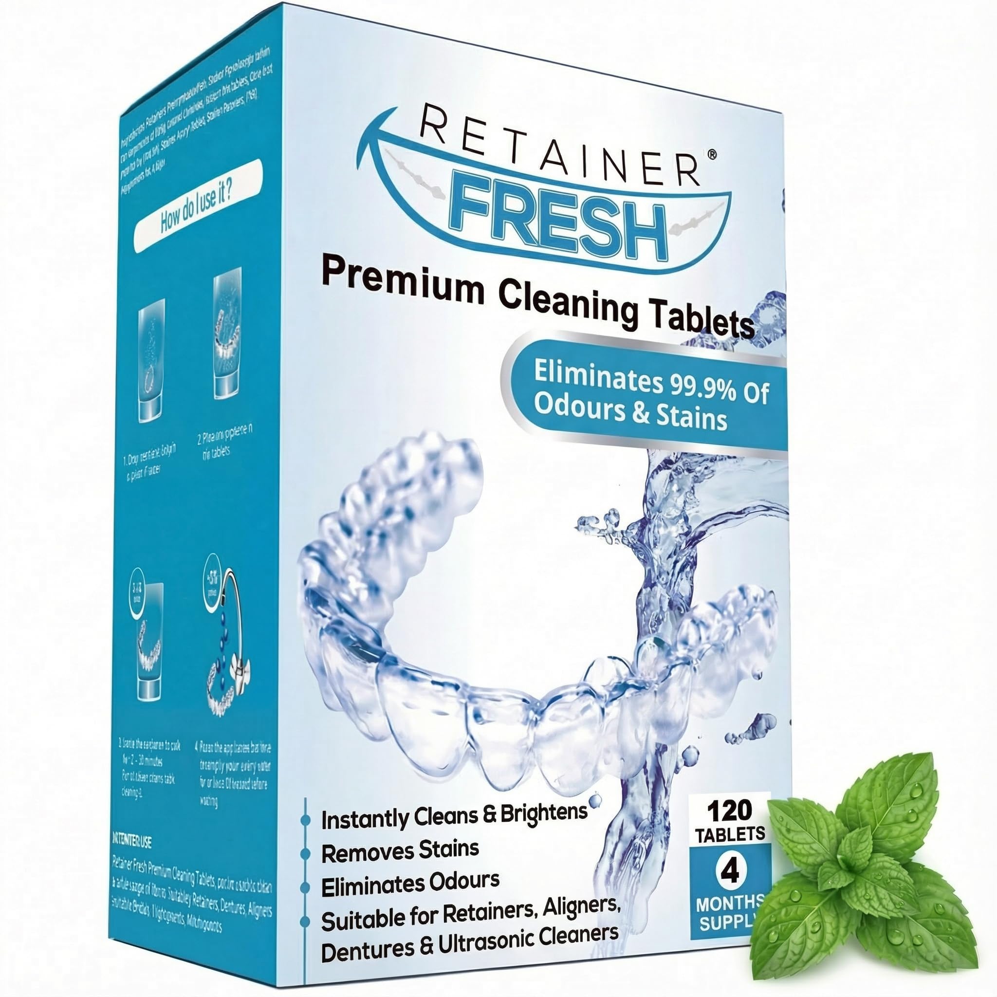 Retainer Fresh Cleaning Tablets - 120 Tablets 4 Months Supply , Brite, and Stain-Free - Cleaner Tablet, Invisalign, Mouth Guard, Dentures, Aligners