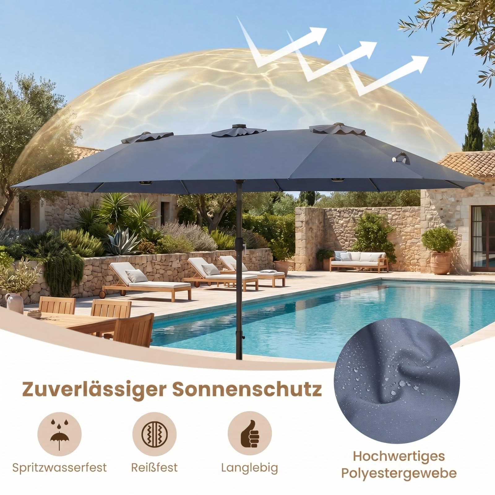 COSTWAY Doppelsonnenschirm mit Ständer und LED-Solar-Beleuchtung, 450 x 260 cm, Sonnenschirm Groß XXL, UPF 50+, Gartenschirm mit Kurbel, Terrassenschirm, Marktschirm für Garten, Terrasse, Grau