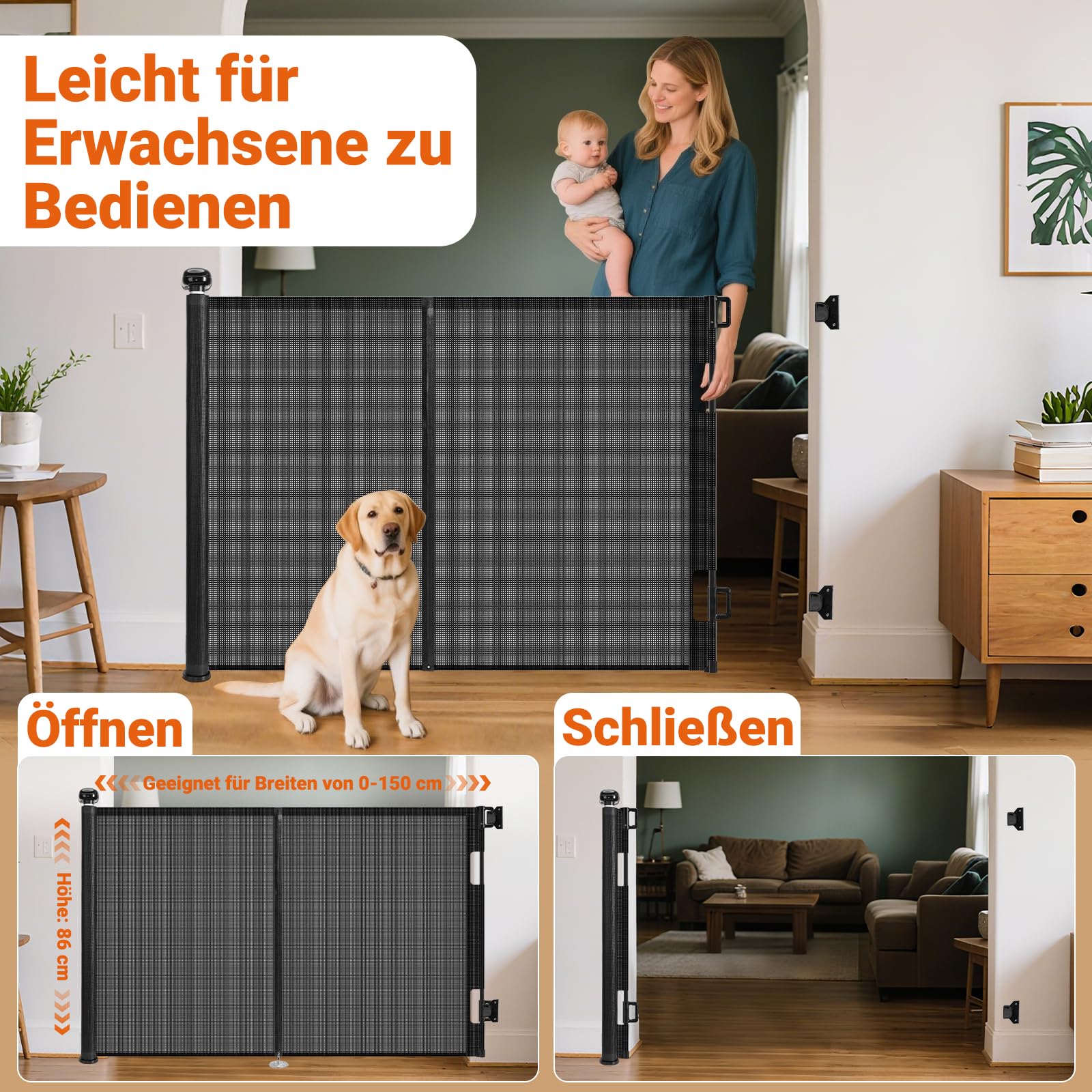 Ycozy Ogrodzenie dla dzieci 0-150 cm, chowana bramka dla psa ze wzmocnionymi drążkami, zapobieganie przechodzeniu przez pełzanie, zwijane schody, do wewnątrz i na zewnątrz