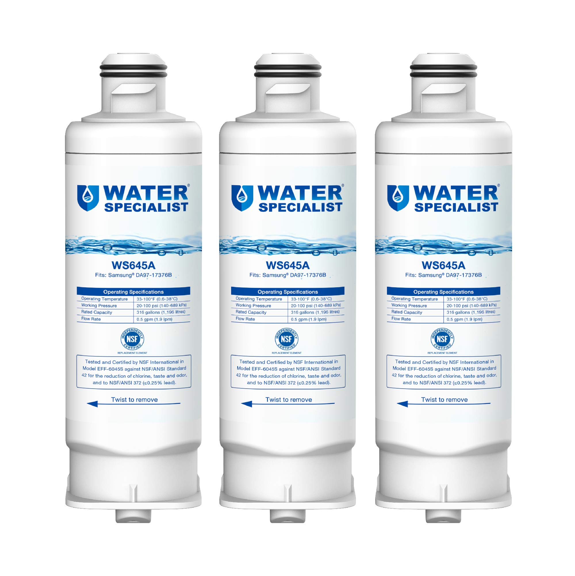 Waterspecialist DA97-17376B NSF Certified Refrigerator Water Filter, Replacement for Samsung DA97-08006C, HAF-QIN, HAF-QIN/EXP (Pack of 3)