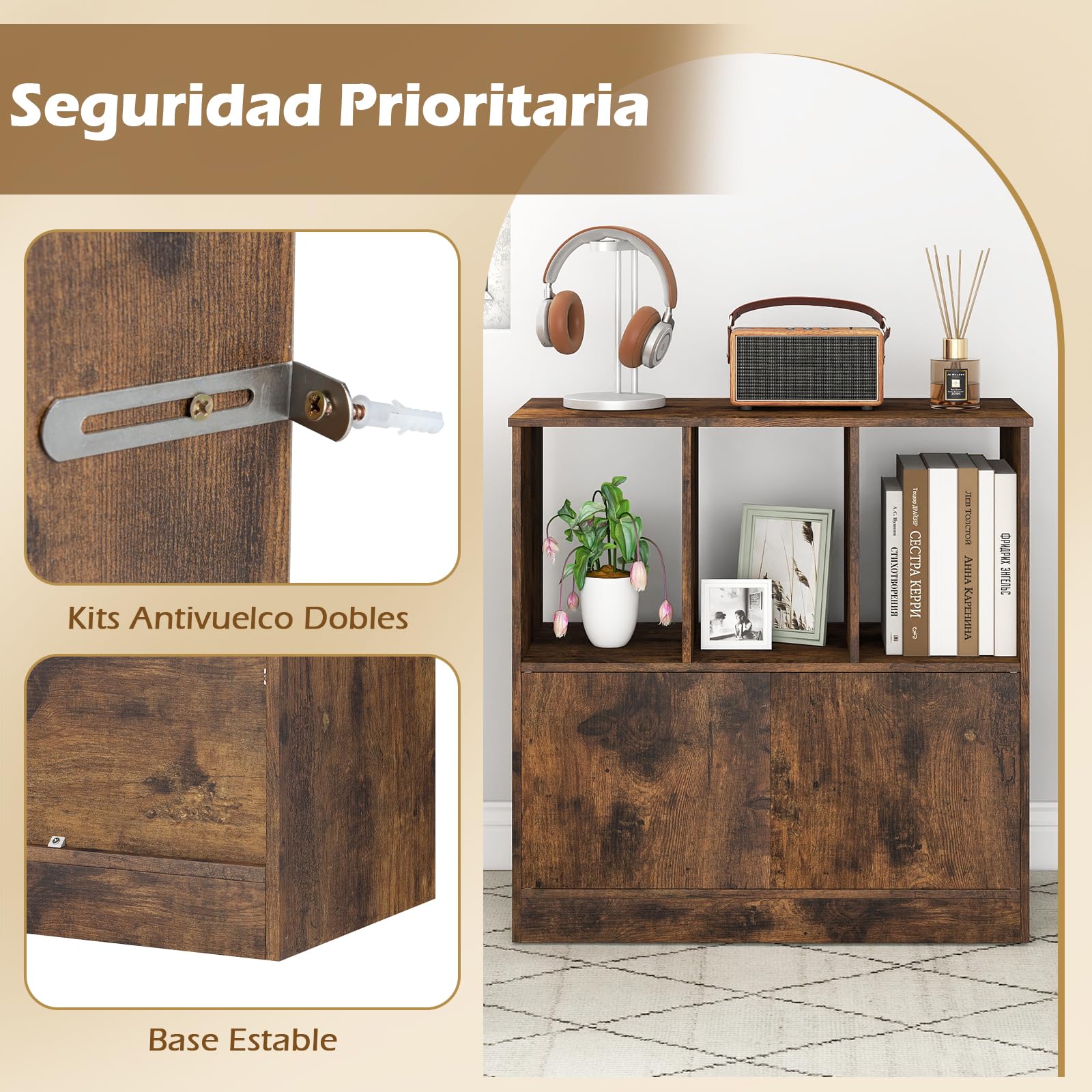 COSTWAY Librería de 3 Cubos con Puertas, Estantería Libros de 3 Niveles con Compartimentos Abiertos y Armario, Librería Estantería Madera Salón Oficina Dormitorio, 70 x 30 x 70 cm (café)