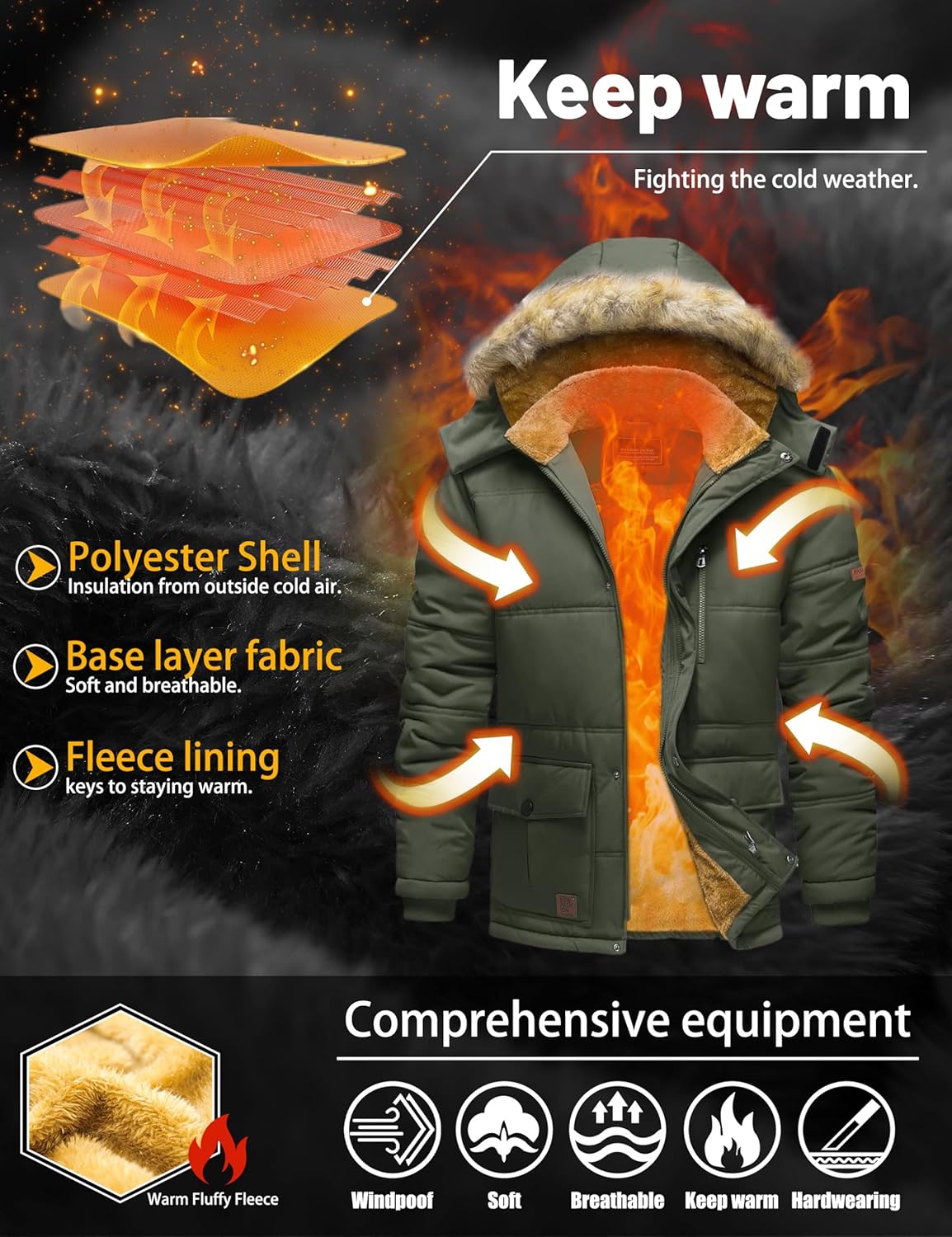TACVASEN Men's Winter Jacket with Hood Water Repellent Windproof Thicken Parka Winter Coat - Image 4