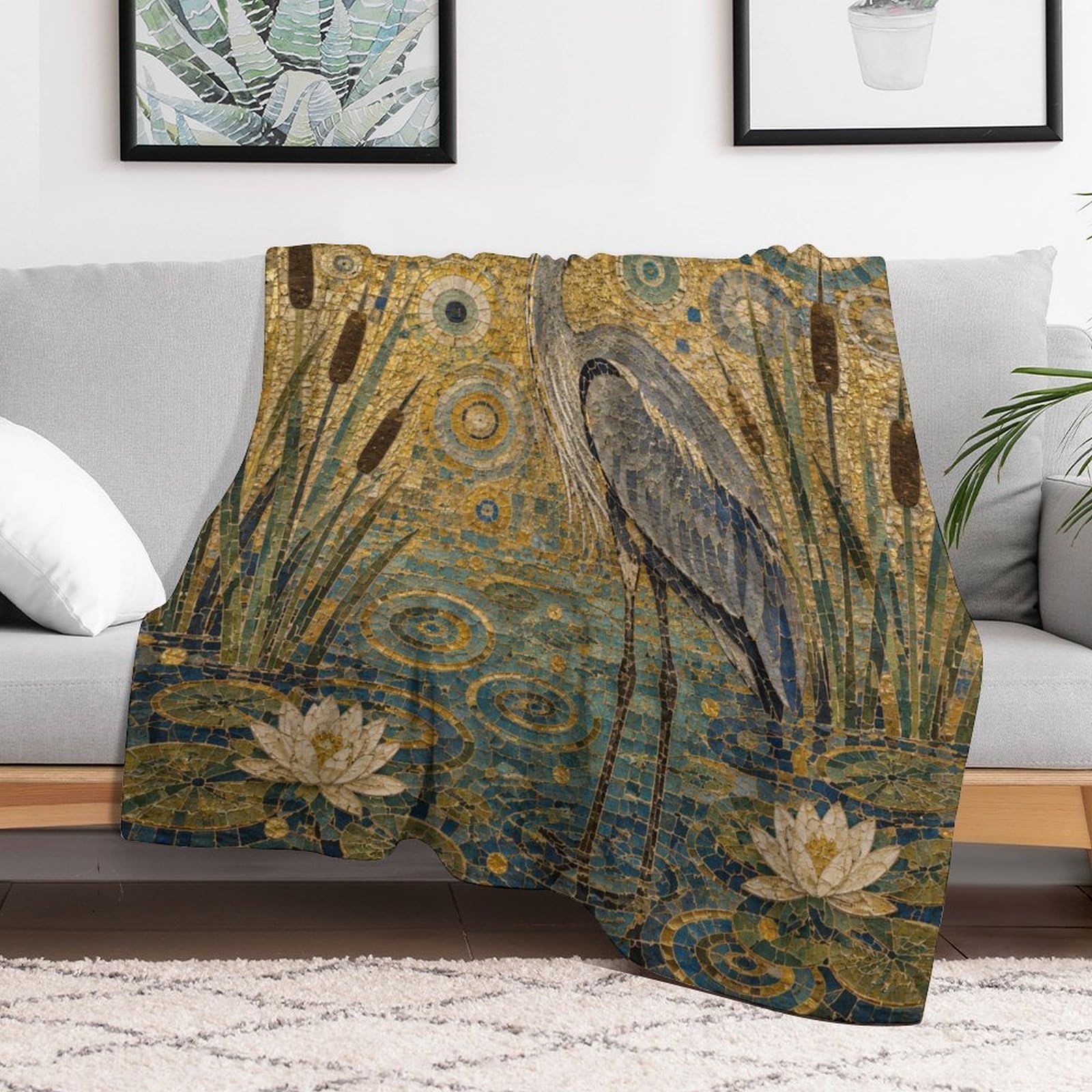 Airone e Loto Coperta Morbida Flanella Divano Letto Coperta Casa Divano | coperta pile divano con Mosaico in oro blu e Uccello delle zone umide, per angolo lettura, soggiorno, 175x200cm(70x80in)