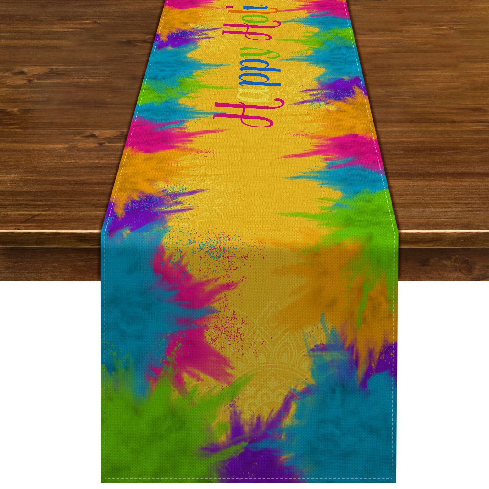 Nepnuser Linen Happy Holi Table Runner India Festival of Colors Decoration Farmhouse Home Dining Room Kitchen Table Decor