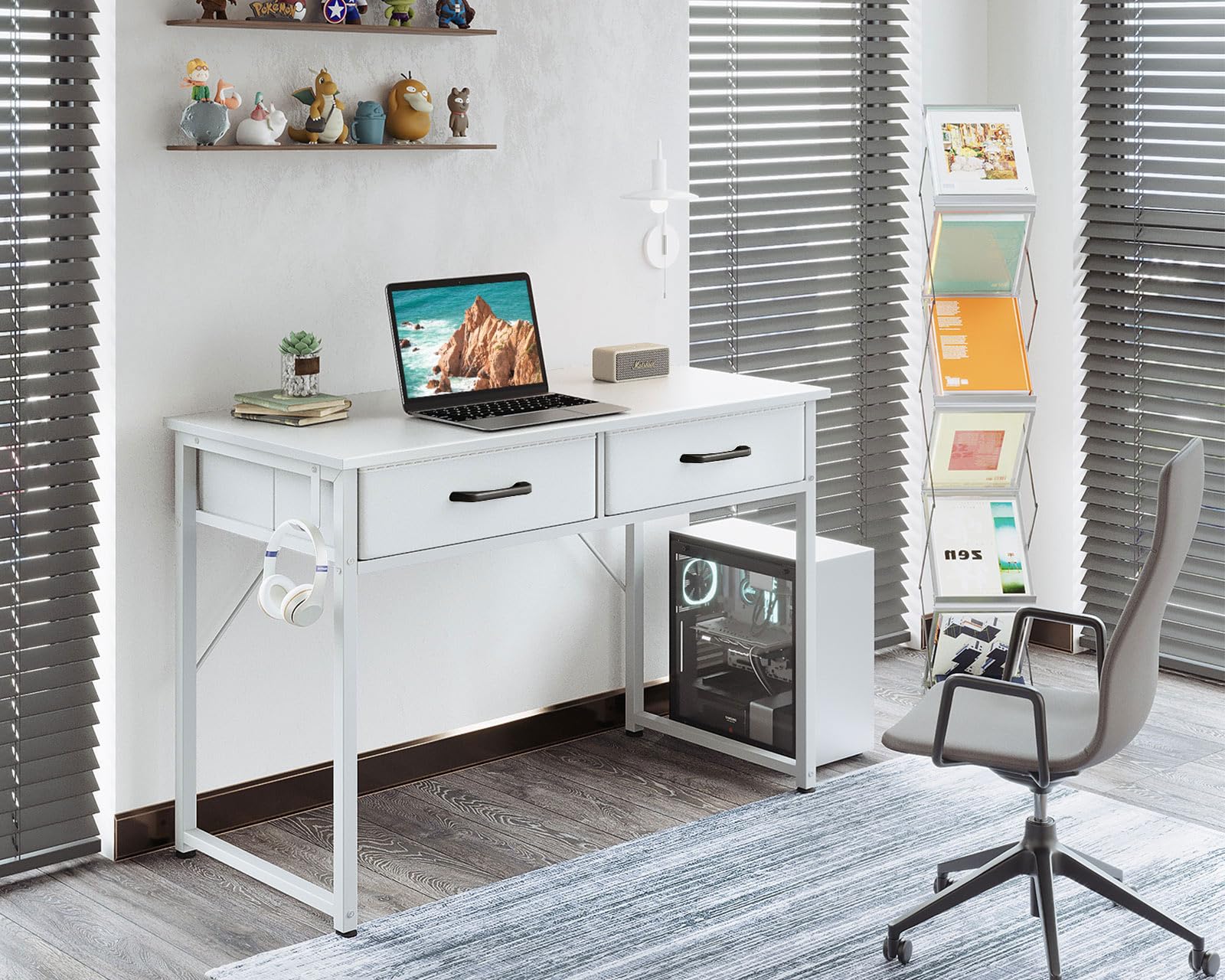 ODK Schreibtisch mit 2 Schubladen, 100 × 40 cm, Kopfhörerhalter, Weiß | Computertisch mit Stauraum, 2 Schubladen aus Stoff und Kopfhörerhalter, Bürotisch und PC Tisch für kleine Räume