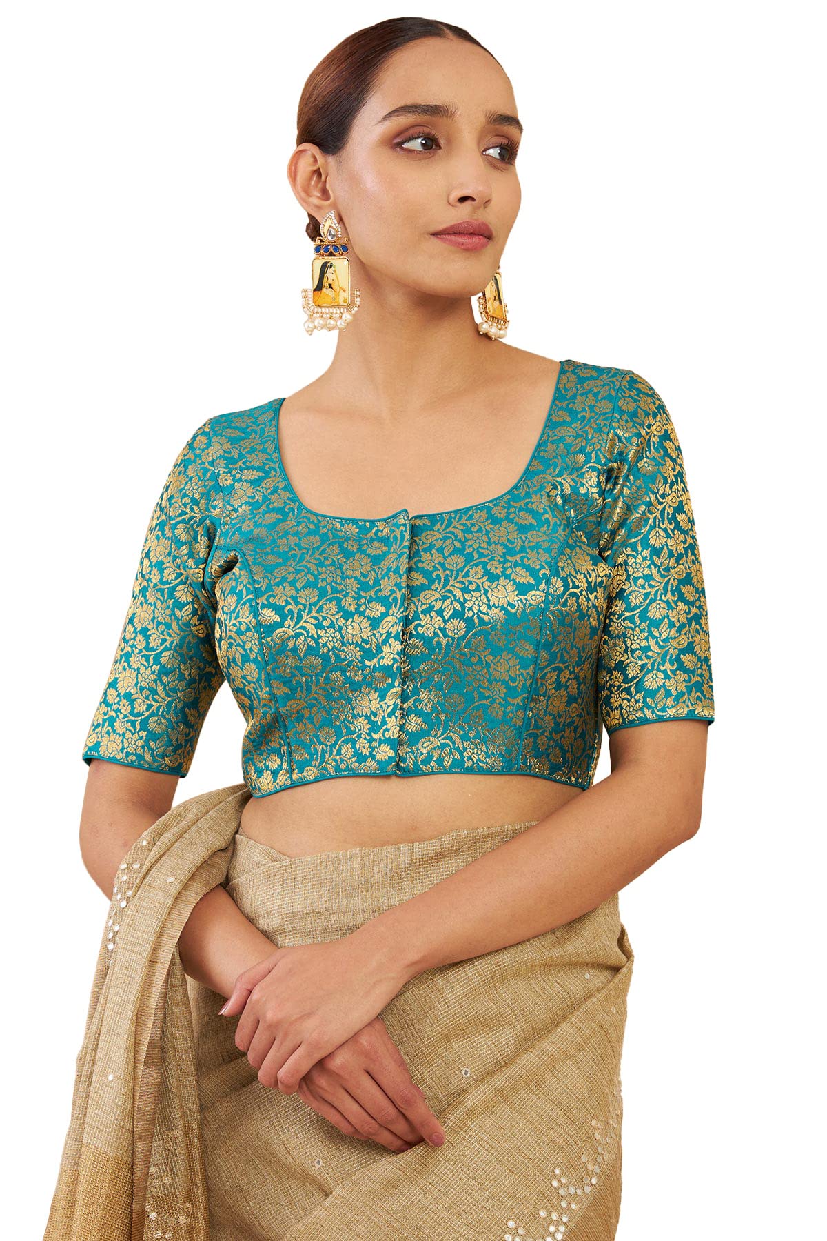 SochTeal Art Silk Blouse with Woven Floral Designs, Green, 36