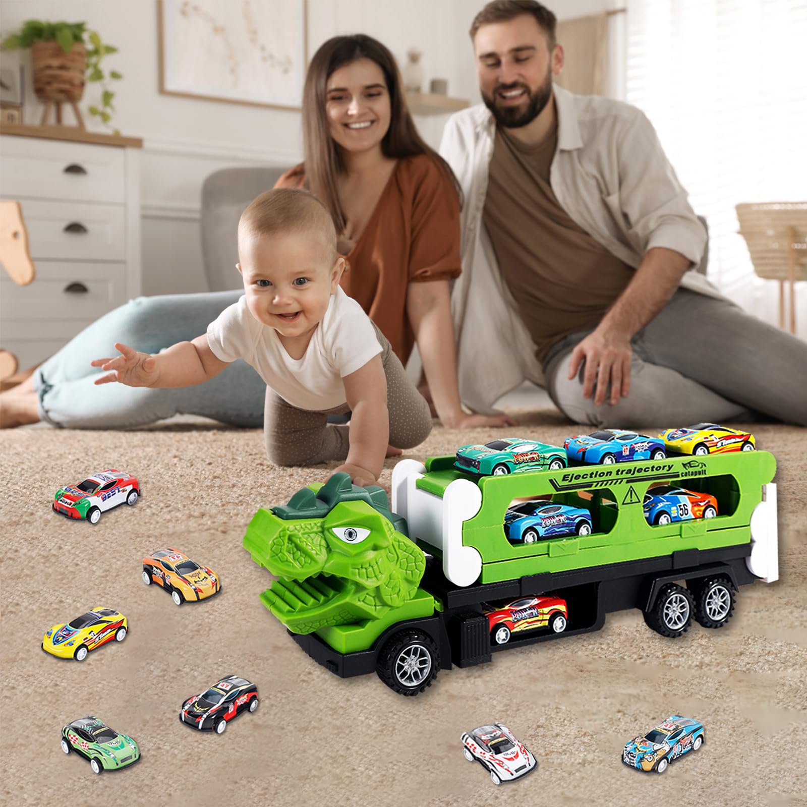 Kit de transport dinosaure 2 en 1 avec 12 voitures jouets en métal, circuit de course portable pour enfants, camion de transport et circuit de course, cadeau pour garçons de 3 à 8 ans