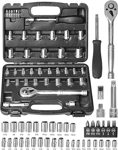 Wesco Juego de zócalos juego de herramientas manuales para el hogar con estuche de almacenamiento de herramientas mango giratorio adaptador juego de