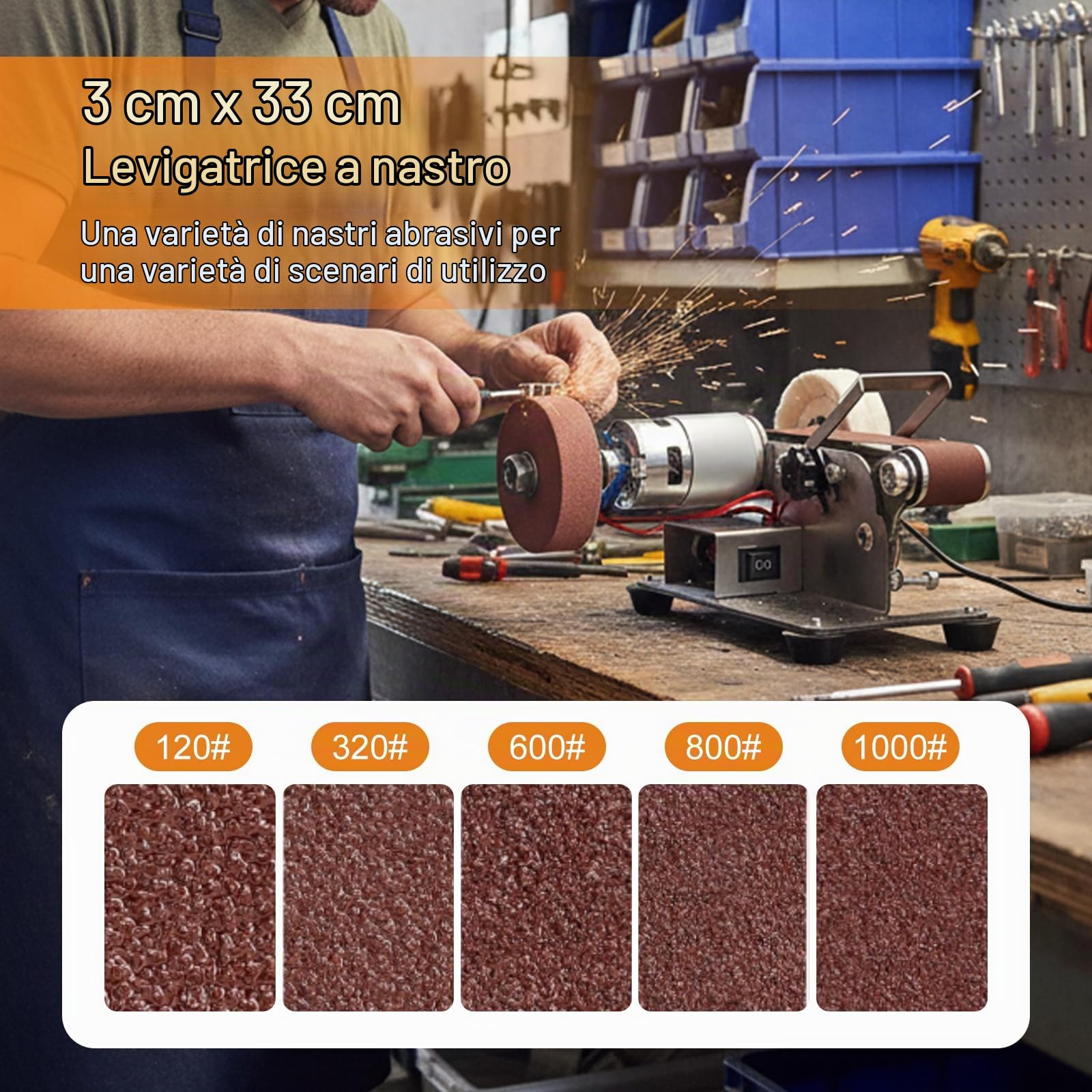 Mini Levigatrice a Nastro, Levigatrice a Banda Elettrica, Lucidatrice a 7 Velocità Regolabile, Smerigliatrice a Nastro con 20 Nastri Abrasivi, 20 Fogli di Carta Vetrata, Mola e Mola Lucidante
