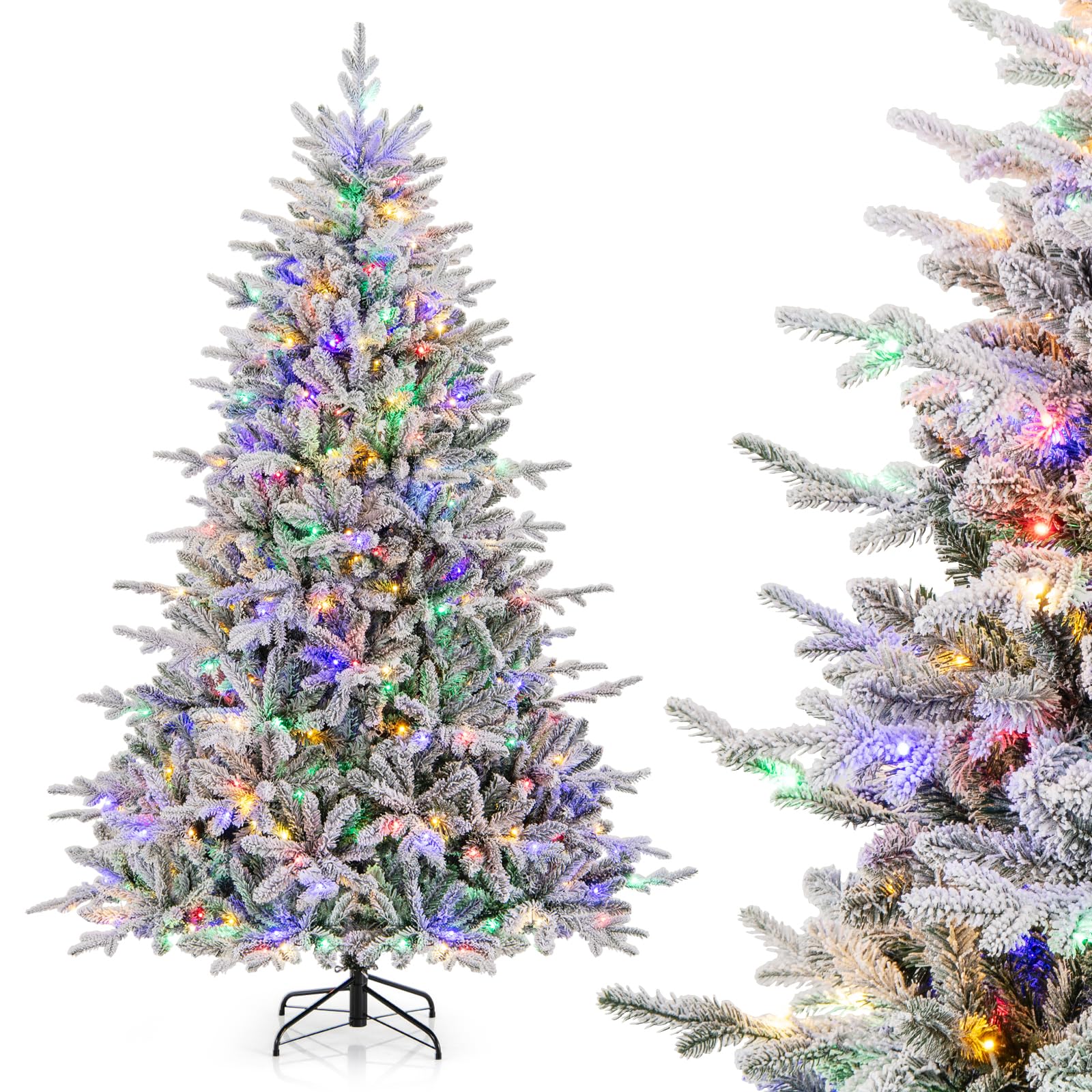 COSTWAY Arbol de Navidad Nevado 218cm, arbol de Navidad con Luces Incorporadas, 350 Luces LED Multicolores, 8 Modos, Ramas de PVC y PE, Arvore de Natal Hogar Fiesta Interior (218 cm)