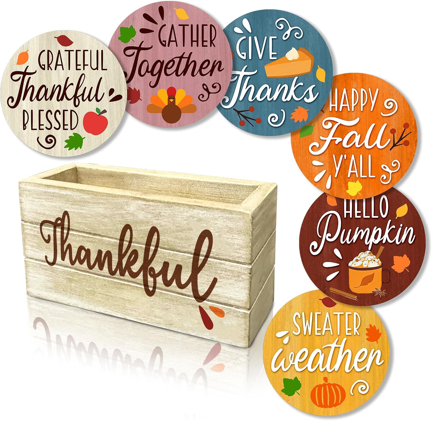 Thanksgiving Grateful Thankful Blessed Drink Coasters with Storage Box Set of 6, Fall Turkey Wooden Round Cup Mat for Coffee Table Protection, 4 Inch Autumn Home Kitchen Decor Housewarming Gift