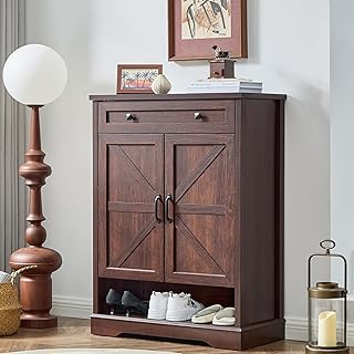 SOOWERY Shoe Cabinet with Drawer, Farmhouse Shoe Storage Cabinet with Doors, 5 Tiers Narrow Shoe Organizer for Entryway, Foyer, Hallway, Dark Cherry