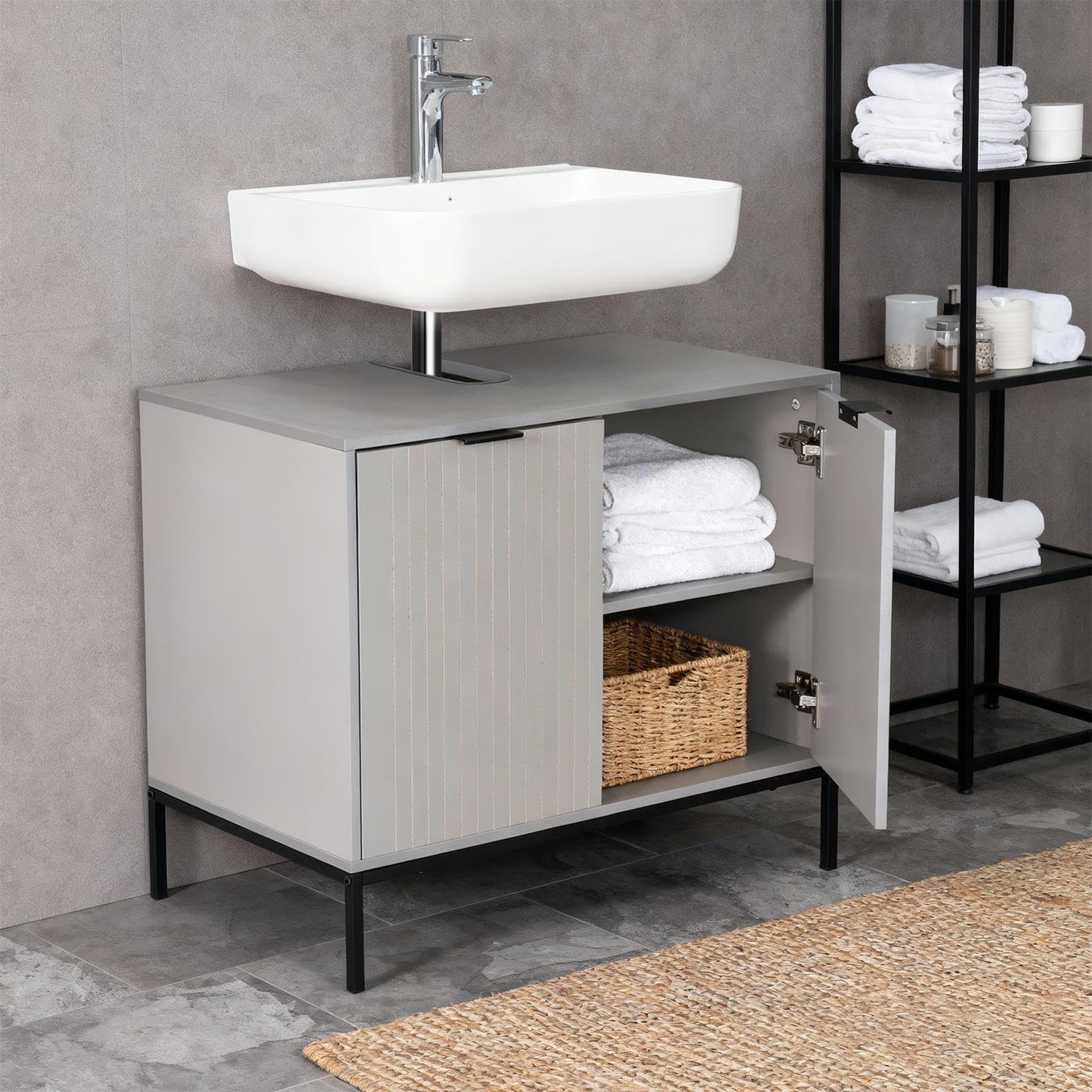 Meuble sous lavabo 70 x 63 x 45 cm, 2 compartiments ouverts + armoire à