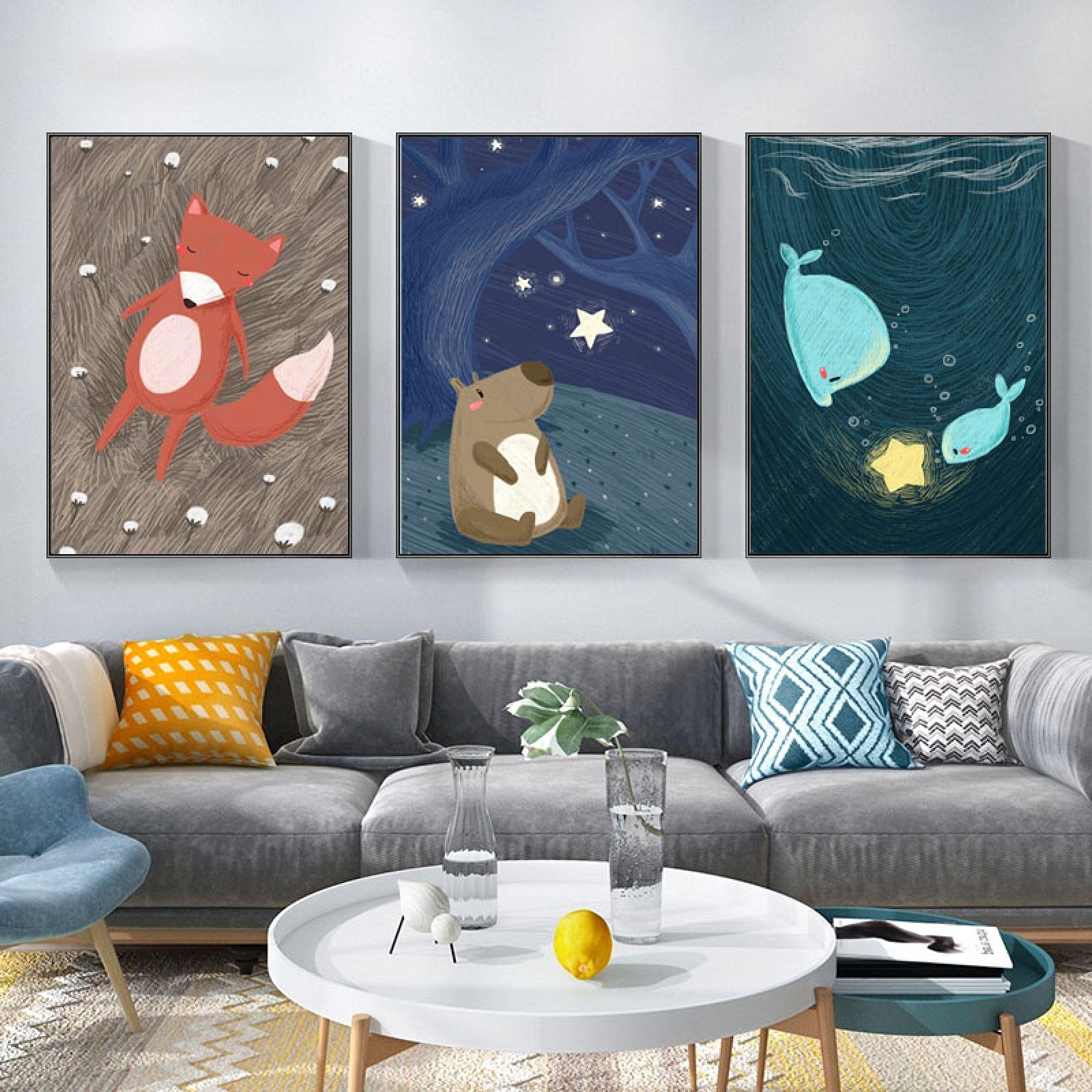 Baleine ours renard enfant affiche pépinière mur Art photo et impressions forêt animal peinture enfant bébé Kawaii chambre décor (24x32in) 60x80cmx3 cadre interne
