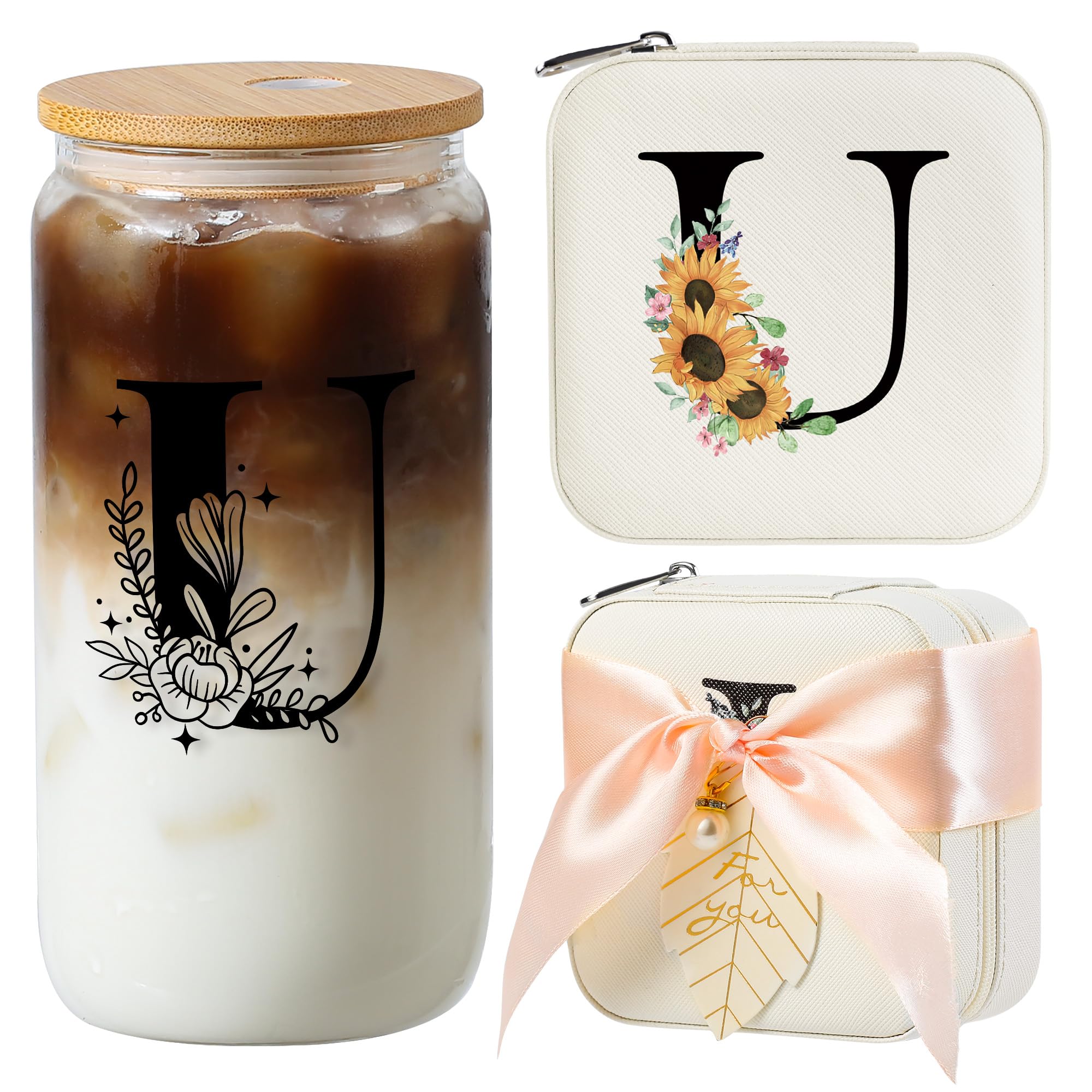 AYGXU Travel Gifts for Women Girls,Small Jewelry Organizer Box,Bridesmaid Proposal Gifts,glass cup with bamboo lid and straw,aesthetic cups,coffee cups,Graduation Gifts for Her Initial U white