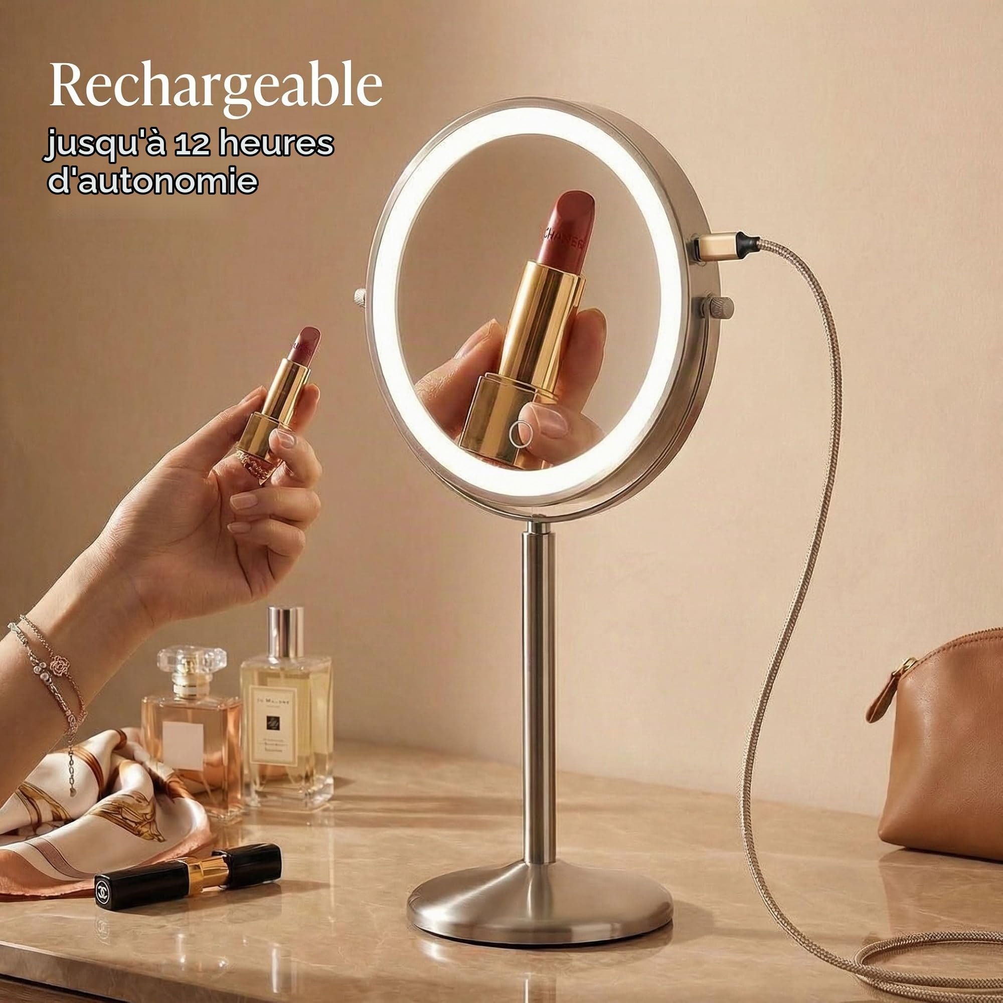 Fancii Miroir de Maquillage Lumineux de 20,3 cm avec grossissement, Hauteur réglable x10/1x, Rechargeable, Miroir de courtoisie Double Face à LED avec lumière et Support, pivotant à 360° (Hailey)
