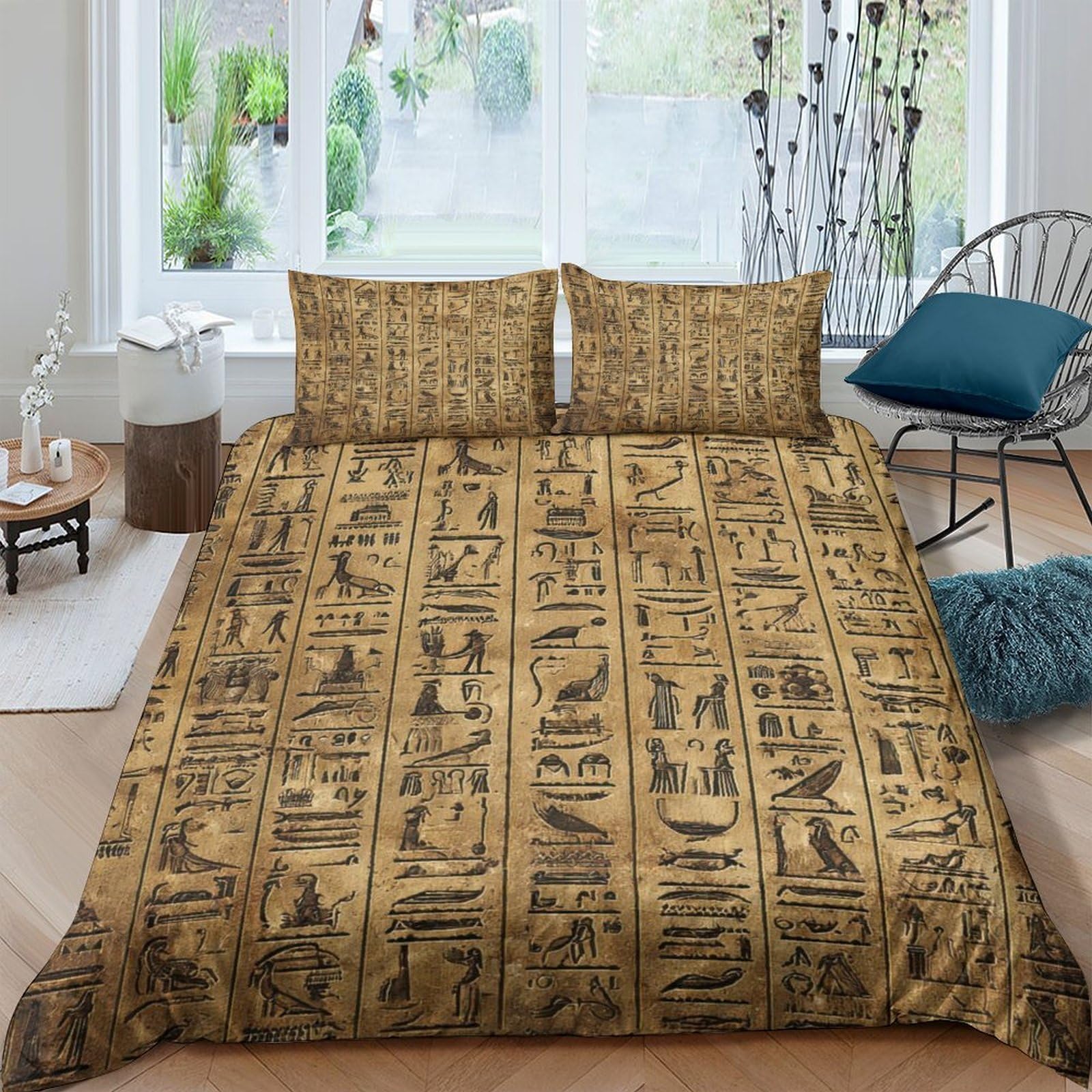 Ctjqhvkz Style-1 3D Printed Egyptian Hieroglyph Fitted Sheet Microfiber Brown Soft Breathable Pyramid Bed Cover For Bedroom Dorm Decor Single（135X200cm）