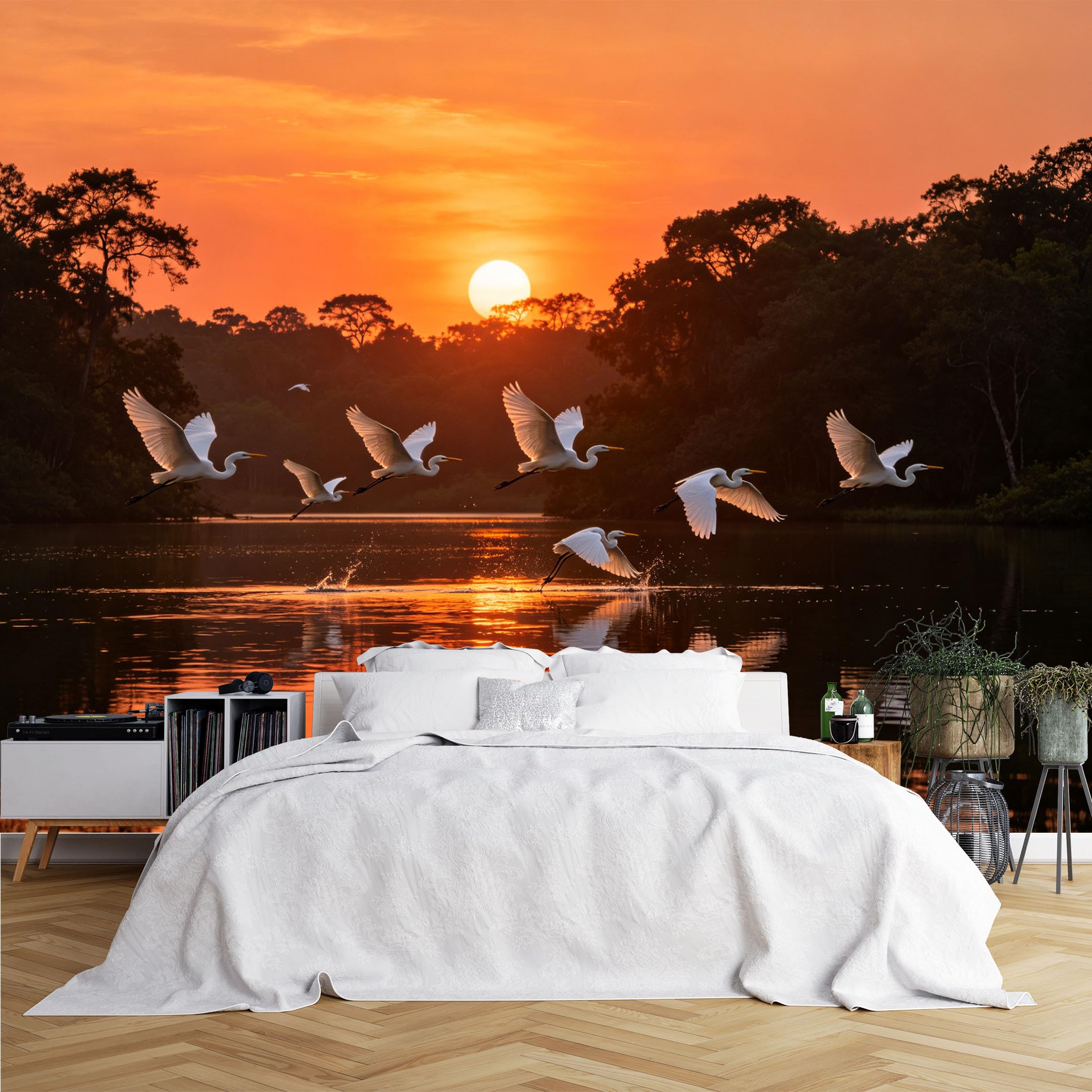 Lcythiazole Ch260615039 Custom Size Wall Murals Egret Flying Sunset Lake Landscape Wall Murals Large Photo Wallpaper Self-Adhesive Removable Wallpaper For Living Room Lodge