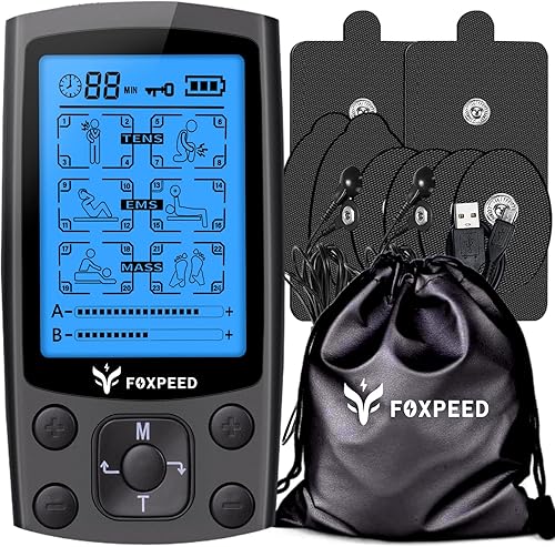 FOXPEED Estimulador muscular eléctrico TENS de doble canal con 24 modos y 20 intensidades de masajeador de pulso utilizado para aliviar el dolor