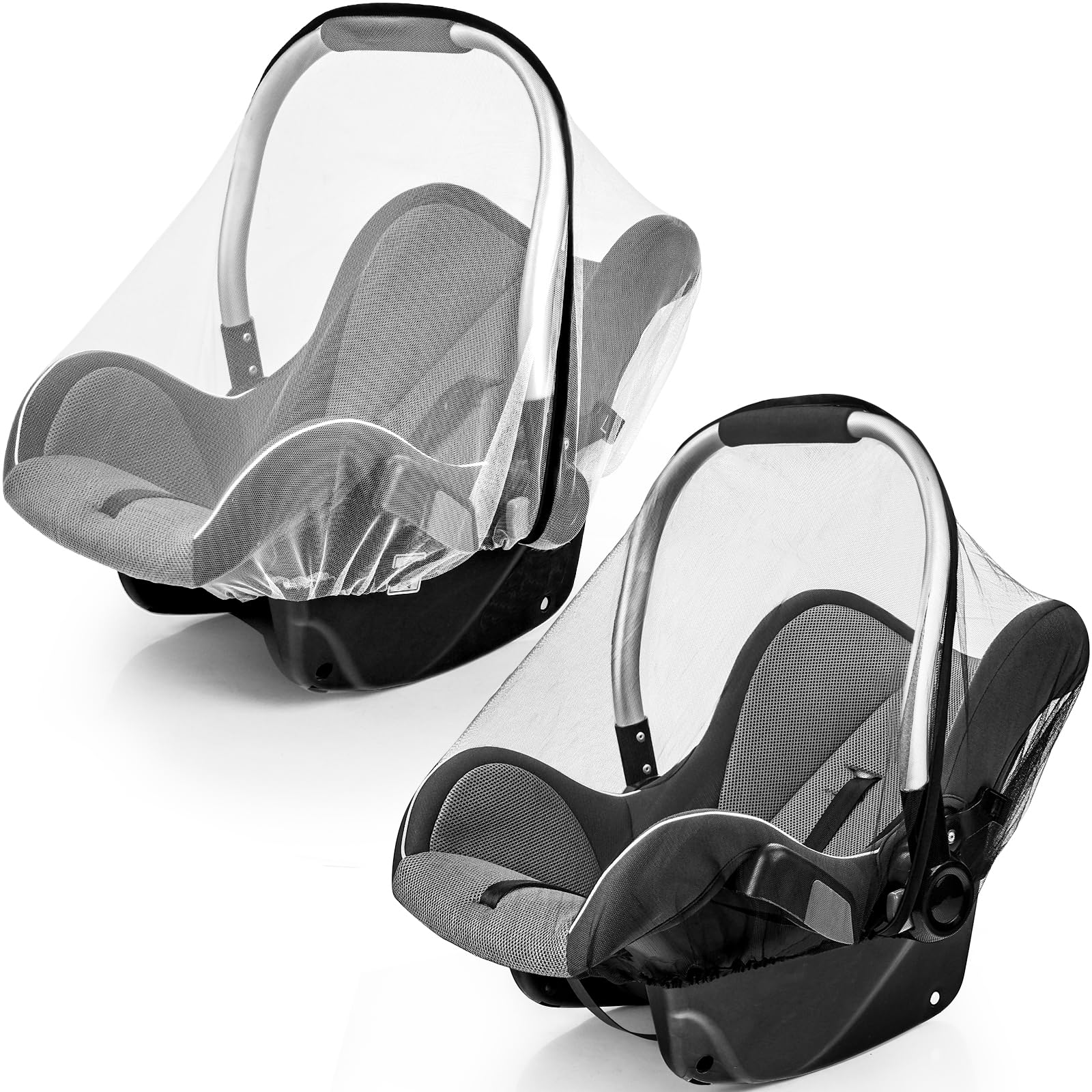 2 Pack Baby Mosquito Net for Infant Car Seats - Mosquito Net for Baby Car Seats, Stroller, Bassinet, Carrier - Breathable Elastic Netting Easy Fitting - Durable Long Lasting Shield (White + Black) - 2