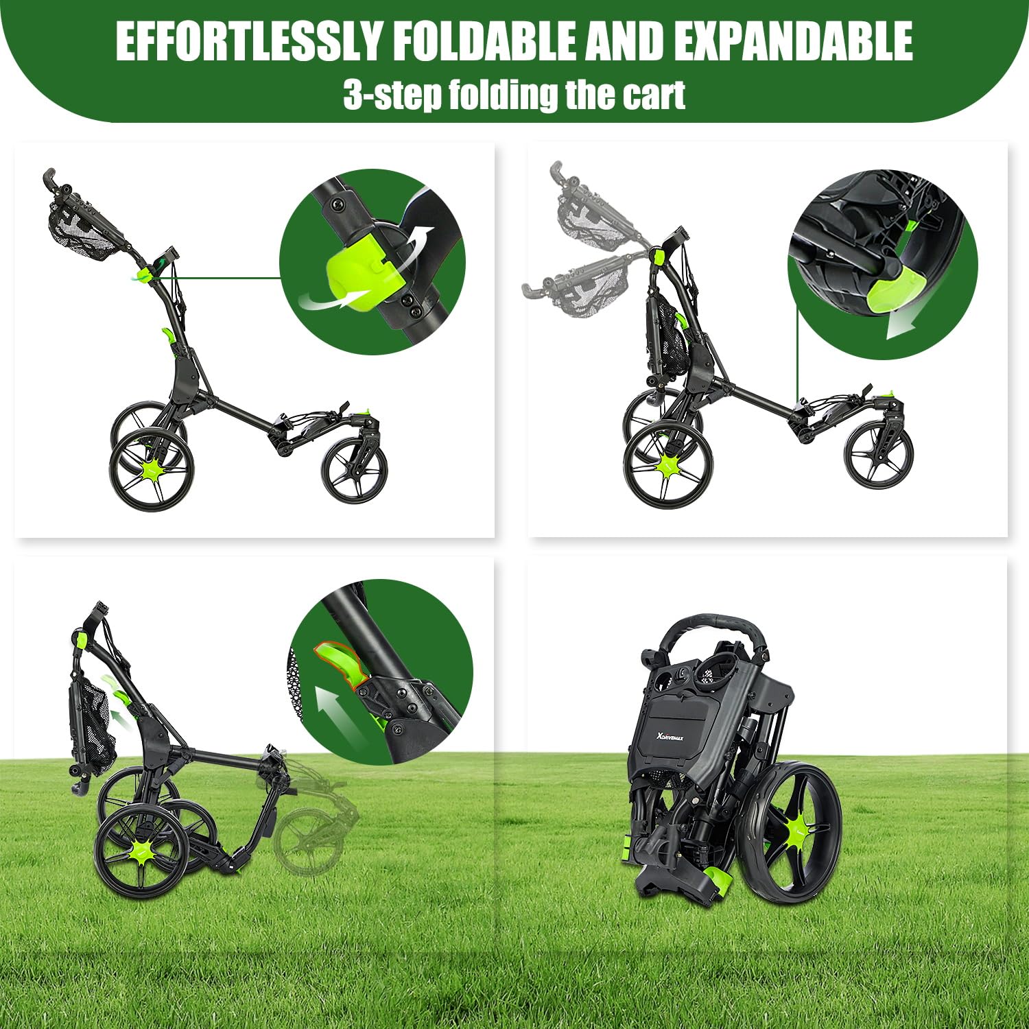 XDriveMax GC03 - Carro de golf giratorio 360 con 3 ruedas, plegable, con soporte para paraguas y compartimento de almacenamiento premium (verde)