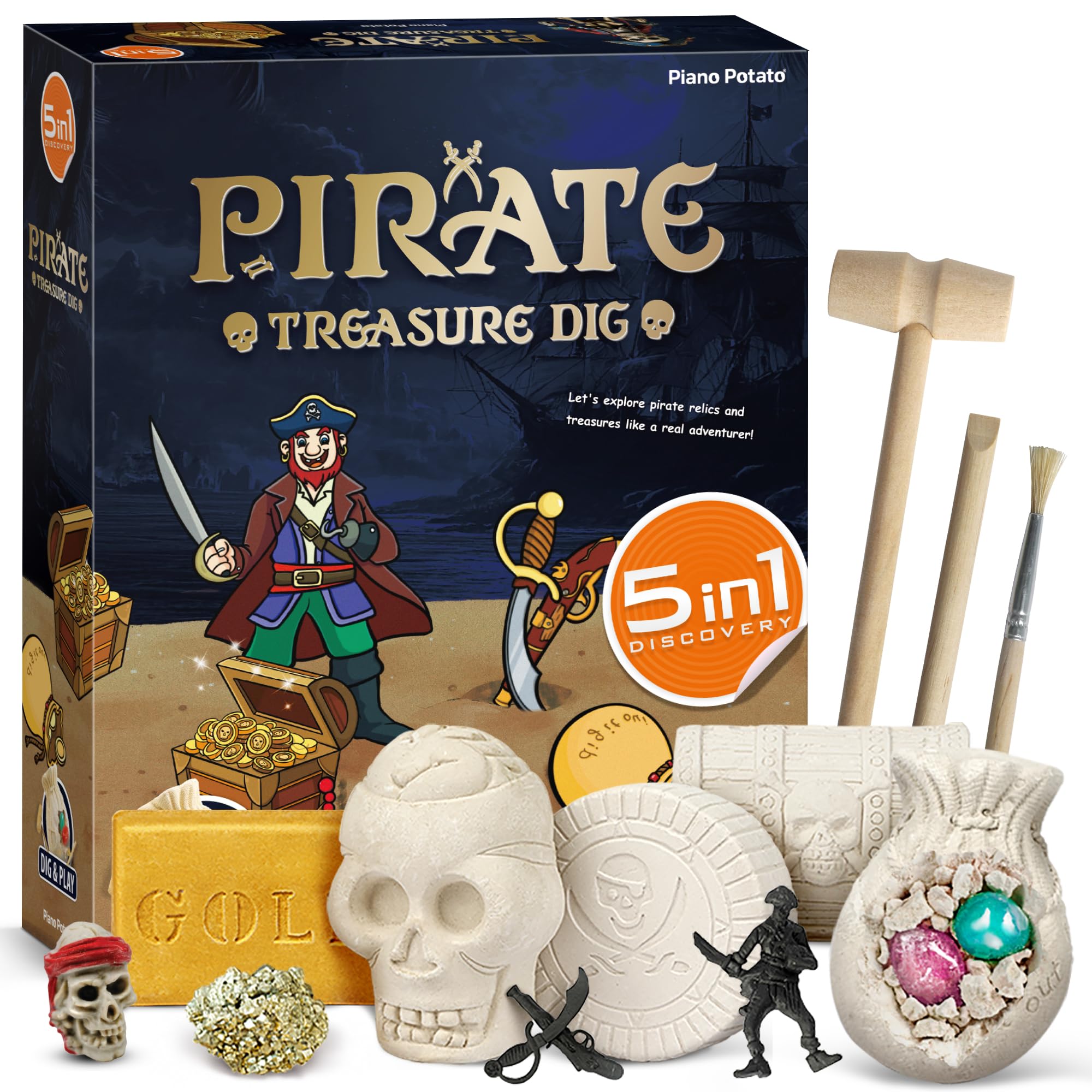 XXTOYS Pirate Gemstone Dig Kit – 5 Treasure Excavation Bricks, Pirate Toys with Gems, Fools Gold, & Fossils, Interactive Digging Kits for Kids, Fun Educational STEM Birthday Gift & Party Supplies