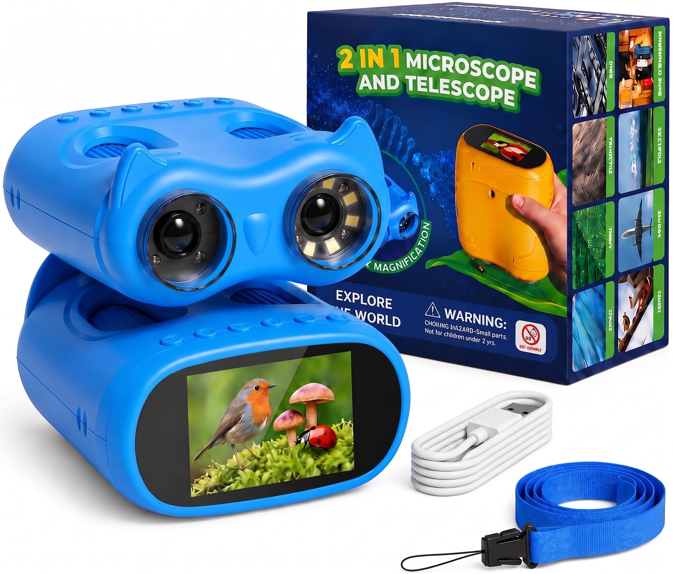 OAEBLLE Microscopio Bambini 2in1 con Binocolo, 1000X, 1080P HD, 3+ | Foto e Video, Batteria 600mAh, Ingrandimento 10X in Modalità Binocolo, Distanza 3-1000 m, Schermo IPS da 2", 8 Luci LED
