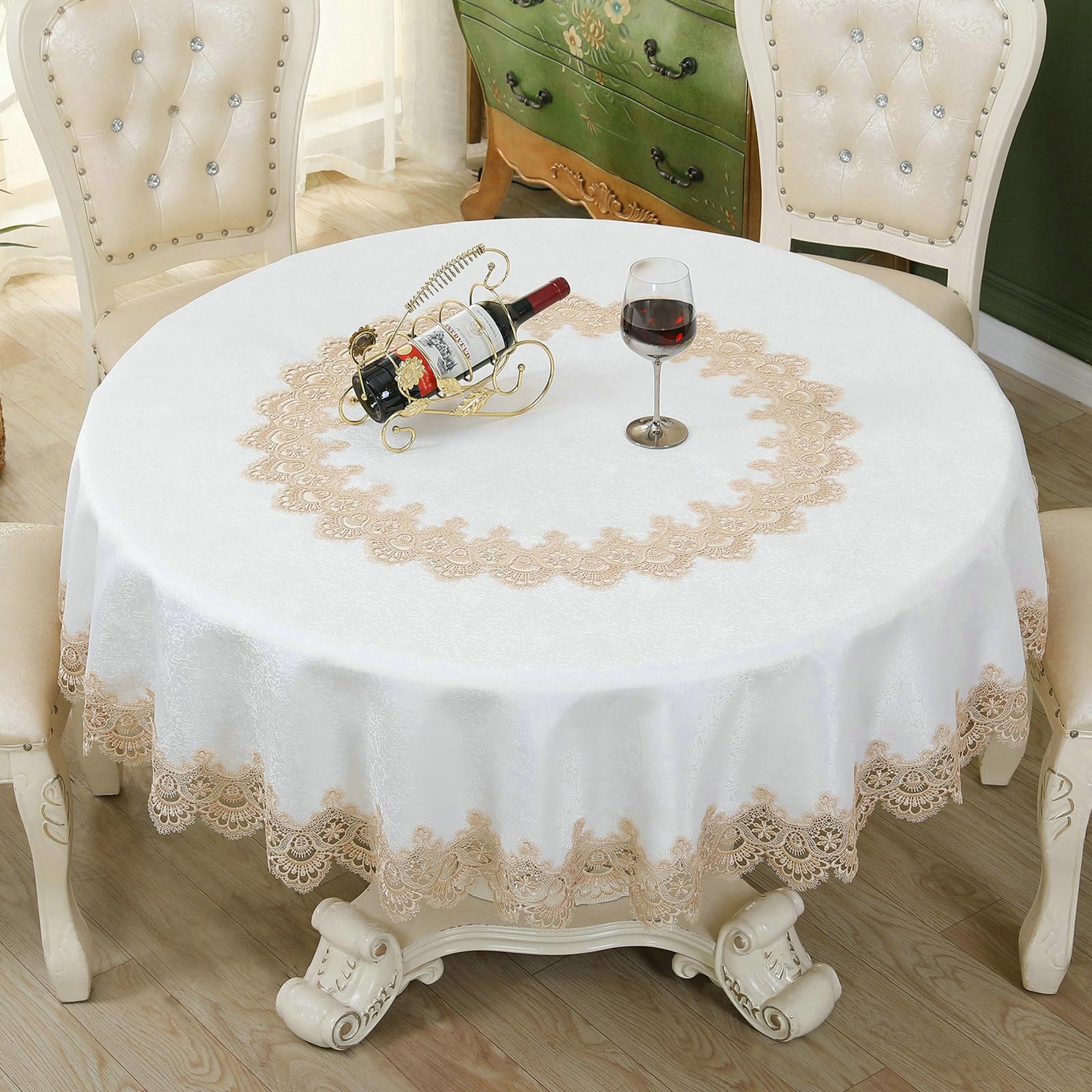 Runde Tischdecke Abwaschbar 180 cm, Spitze Blume Jacquard Polyester