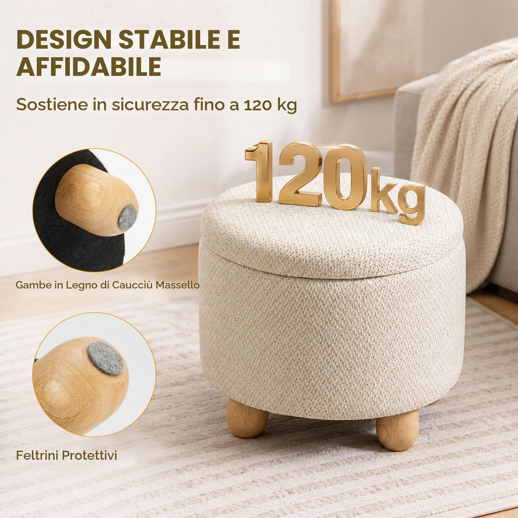 HOMCOM Pouf Contenitore Rotondo 19L con Coperchio 38.5x38.5x33.5 cm Beige | Tessuto Effetto Iuta, Sgabello Contenitore, Capacità 120kg, Camera da Letto, Soggiorno, Ingresso