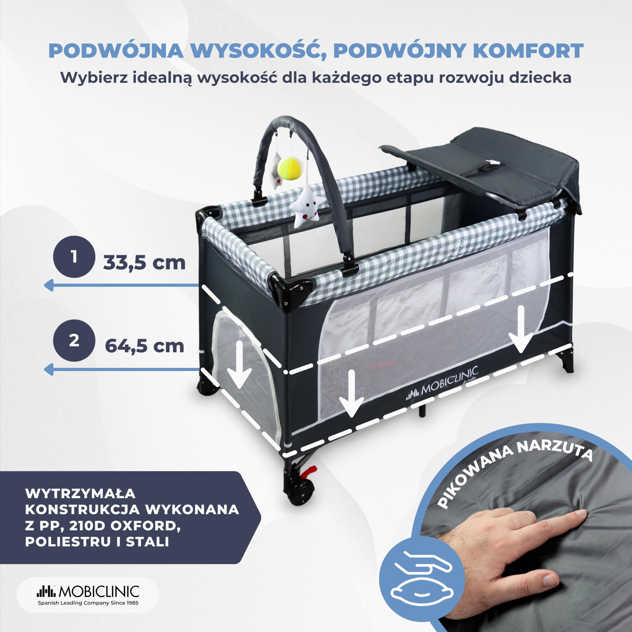 Mobiclinic®, Łóżeczko dziecięce 3 w 1, Kojec, Z przewijakiem, Od 0 miesięcy do 15 kg, Bocznym wyjściem, Kółkami hamulcem, Torbą przechowywania, Składane, Caelum, Oddychająca tkanina
