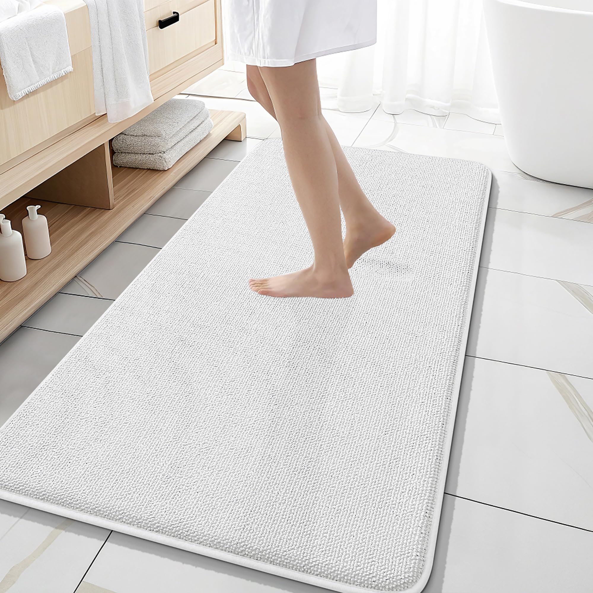 OLANLY Memory Foam Bathroom Runner Rugs 47x20, Absorbent Long Mat, White