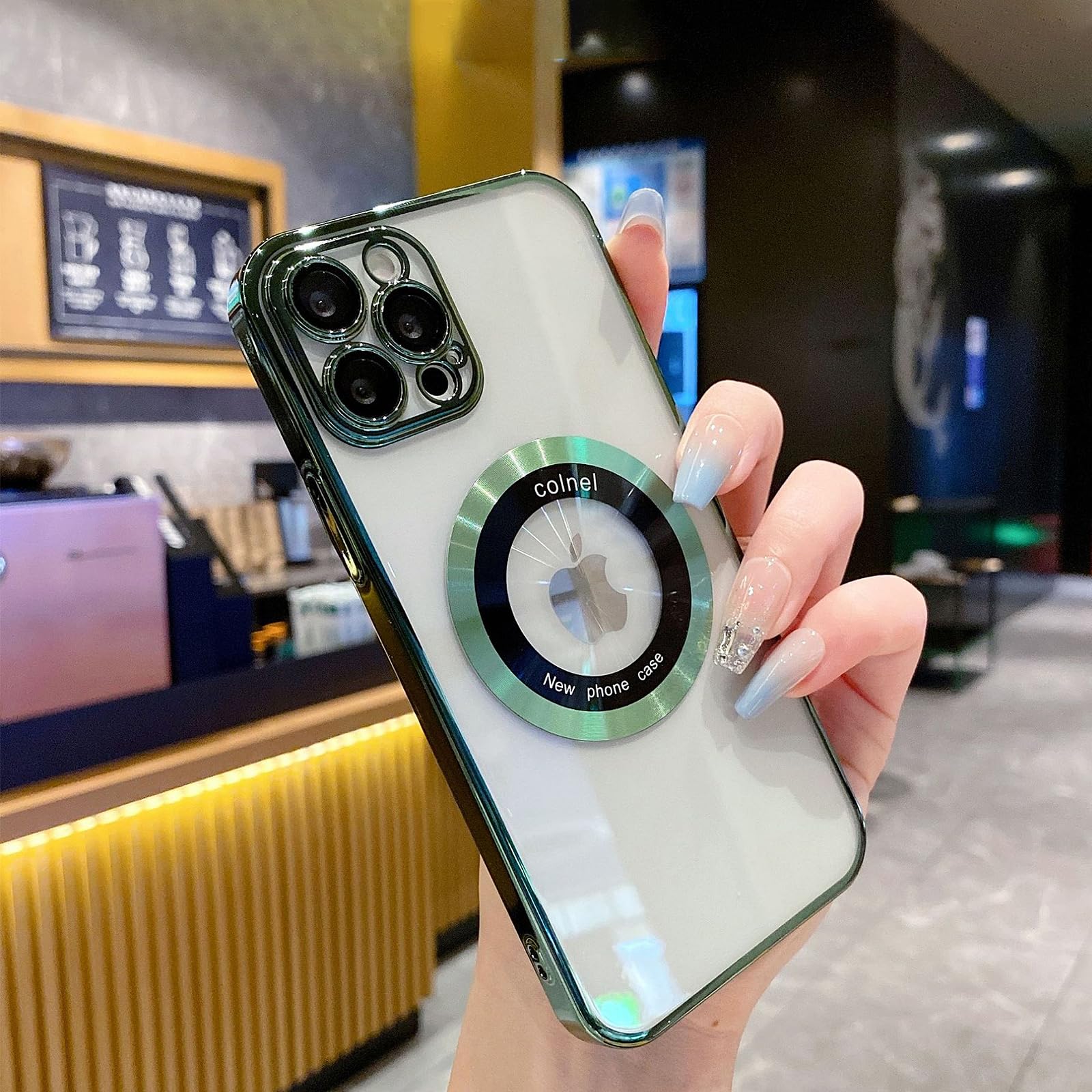 Compatible with iPhone 12 Pro Max Case,Magnetic Compatible with Magsafe,Glass Lens Camera Protector,Logo View Hard Luxury Phone Cases for iPhone 12 Pro Max for Women Men Transparent Cover (Green)