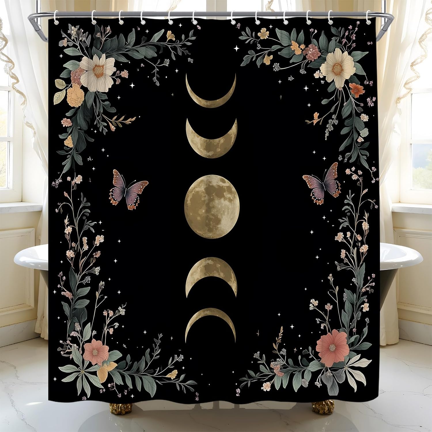 Moon Phase Shower Curtain Moonlit Goth Black Floral Gothic Witchy Mysticism Celestial Witch Flower Leaves Plants Fabric Bathroom Decor Set with Hooks(72" Wx72 L)
