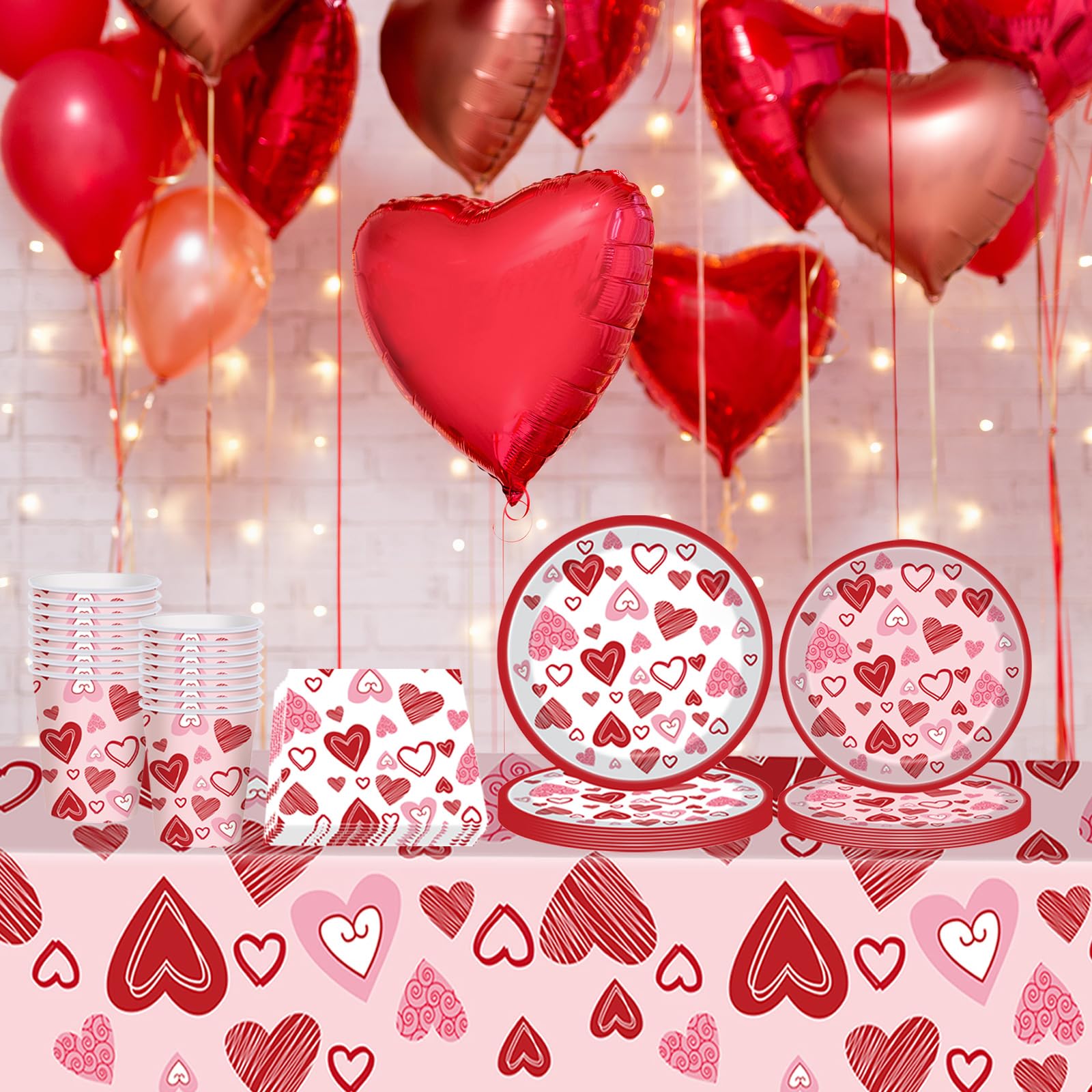 Set Stoviglie Usa E Getta 69 Pezzi Per San Valentino - Piatti, Bicchieri, Tovaglioli E Tovaglia A Cuori Rossi - Per 16 Persone - 3