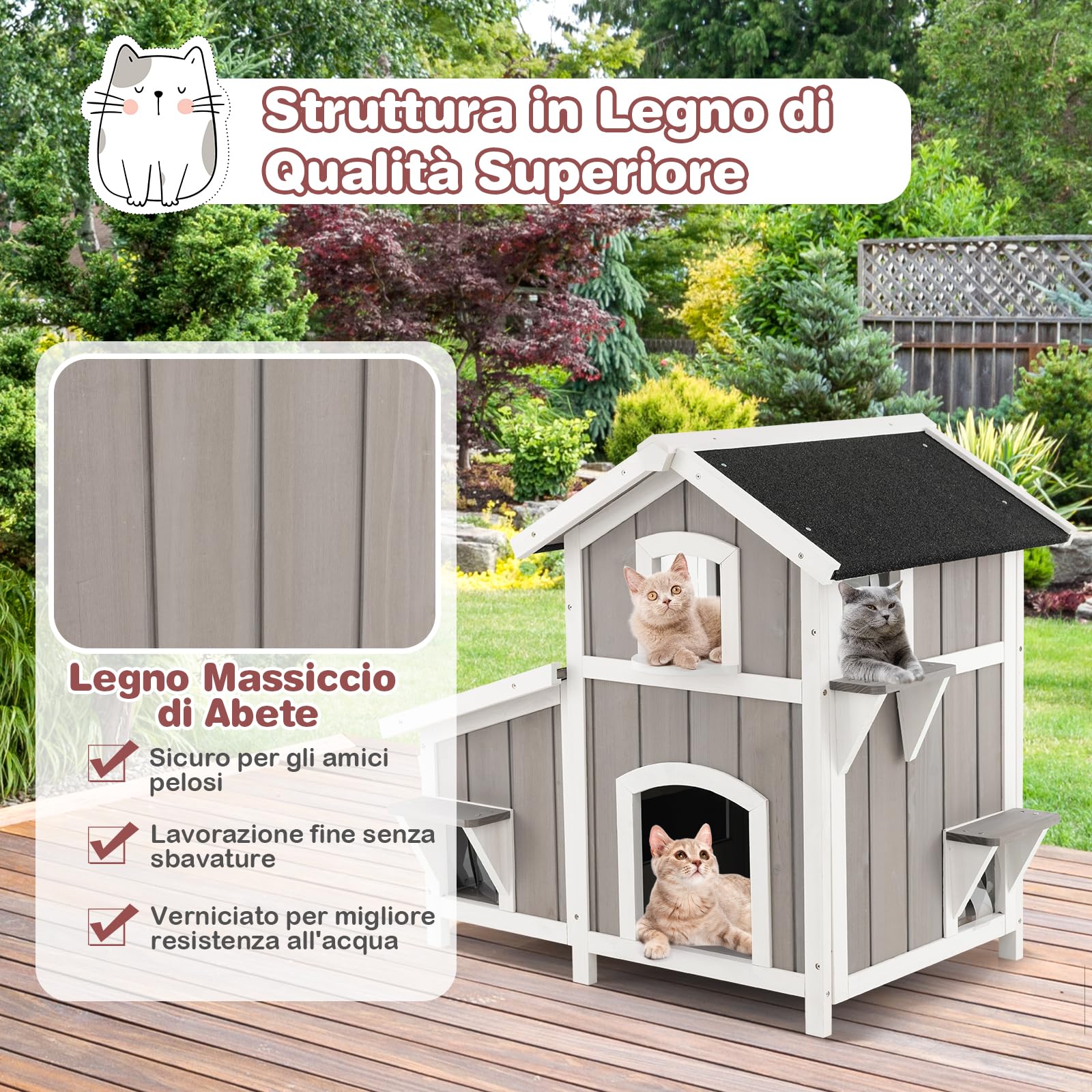 GYMAX Casa per Gatti a 2 Piani, 100 x 64 x 82,5 cm, Casetta Villa Rifugio in Legno con Tetti in Asfalto, Porte di Fuga, Tende e Finestra, per Animali Domestici per Interni ed Esterni, Grigio