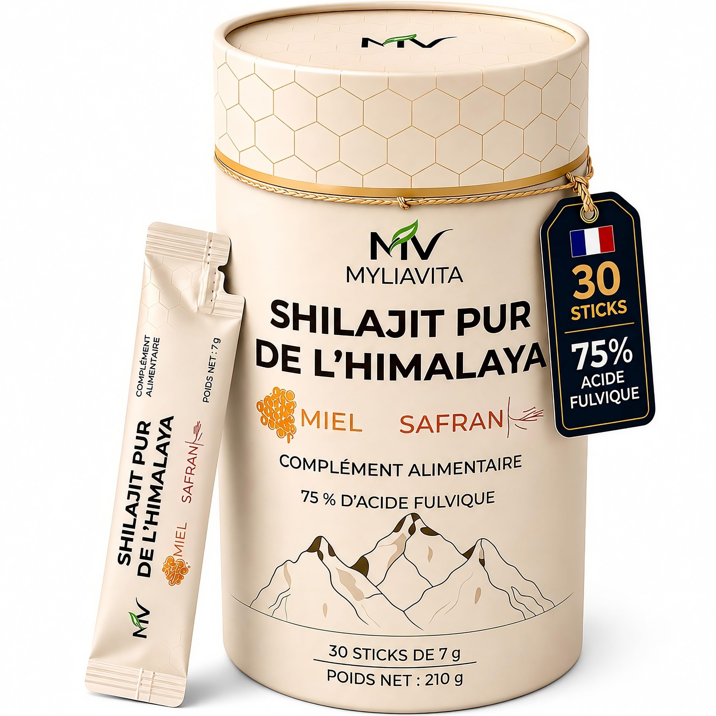 Shilajit Pure Himalaya au Miel & Safran | Résine de Shilajit Pure Naturel Authentique, Riche en Acide Fulvique, Humique & Minéraux | 30 Sticks de qualité premium pour Vitalité & Bien-Être.