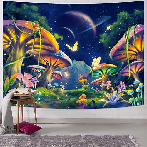 Miniatura 3 de Dermijer Tapiz de hongos de fantasía de luz negra, tapiz estético reactivo a los rayos UV, galaxia misteriosa, planetas, paisaje espacial, tapiz