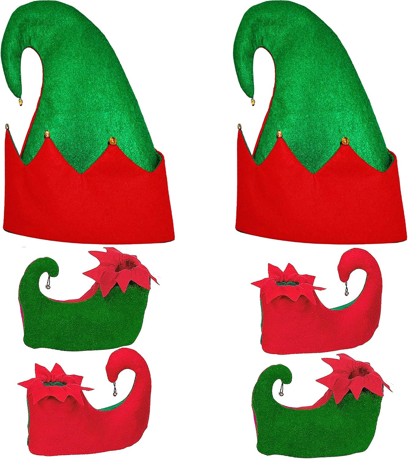 Christmas Elf Shoes & Hat Costume Accessories Set, Fits Adults - Red and Green, 2 Pairs By 4E’s Novelty