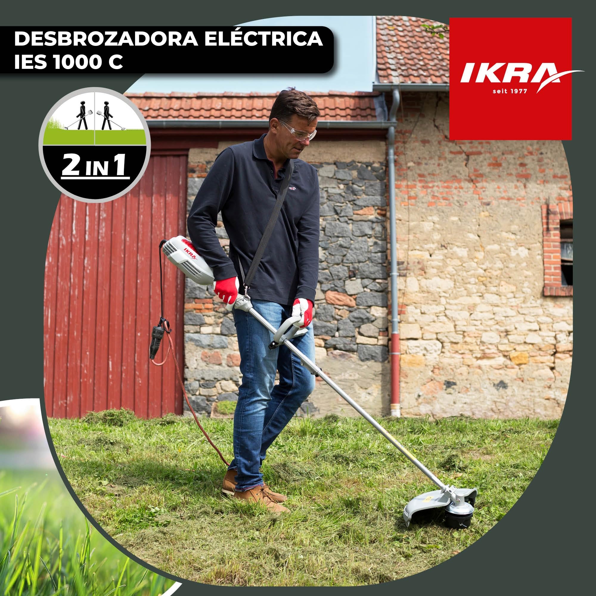 IKRA 78001625 desbrozadora eléctrica IES 1000 C, Ancho de Corte 37cm, Incl. Bobina, Cuchilla de 3 Hojas y Cinta de Hombro, 1000 W, 230 V