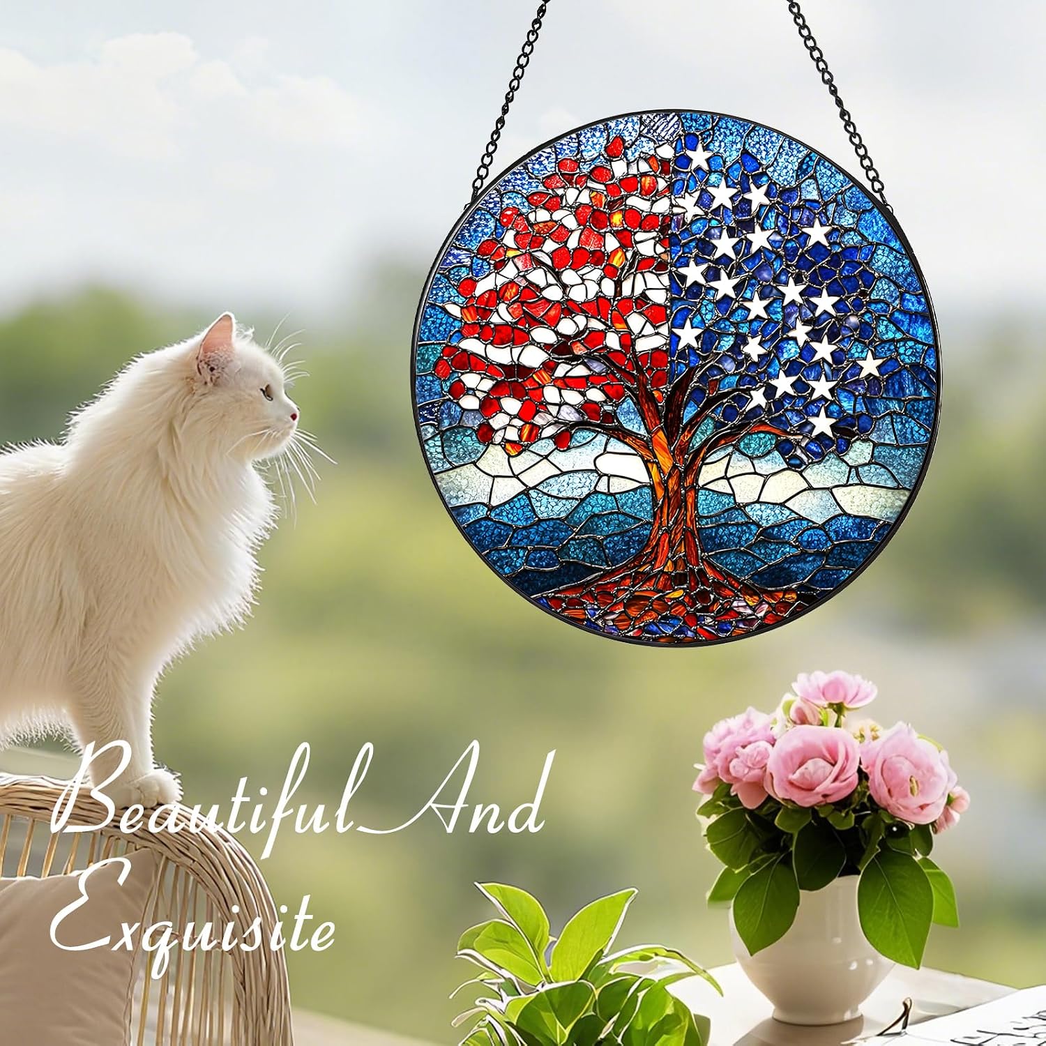 Stained Glass Suncatcher - 7.9" American Flag Tree Window Hanging, Patriotic Star and Leaf Decor, Genuine Glass Gift for Veterans, Military Families & Americana Homes