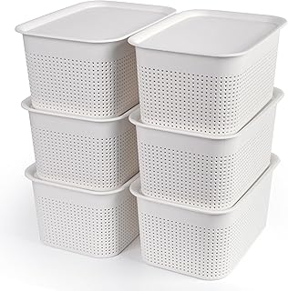 Winter Shore White Basket Storage with Lid [Pack of 6] - Stackable Storage Box with Lid White for School & Office Supplies, Accessories - Modern Storage Basket for Cupboards, Shelves, Bathrooms