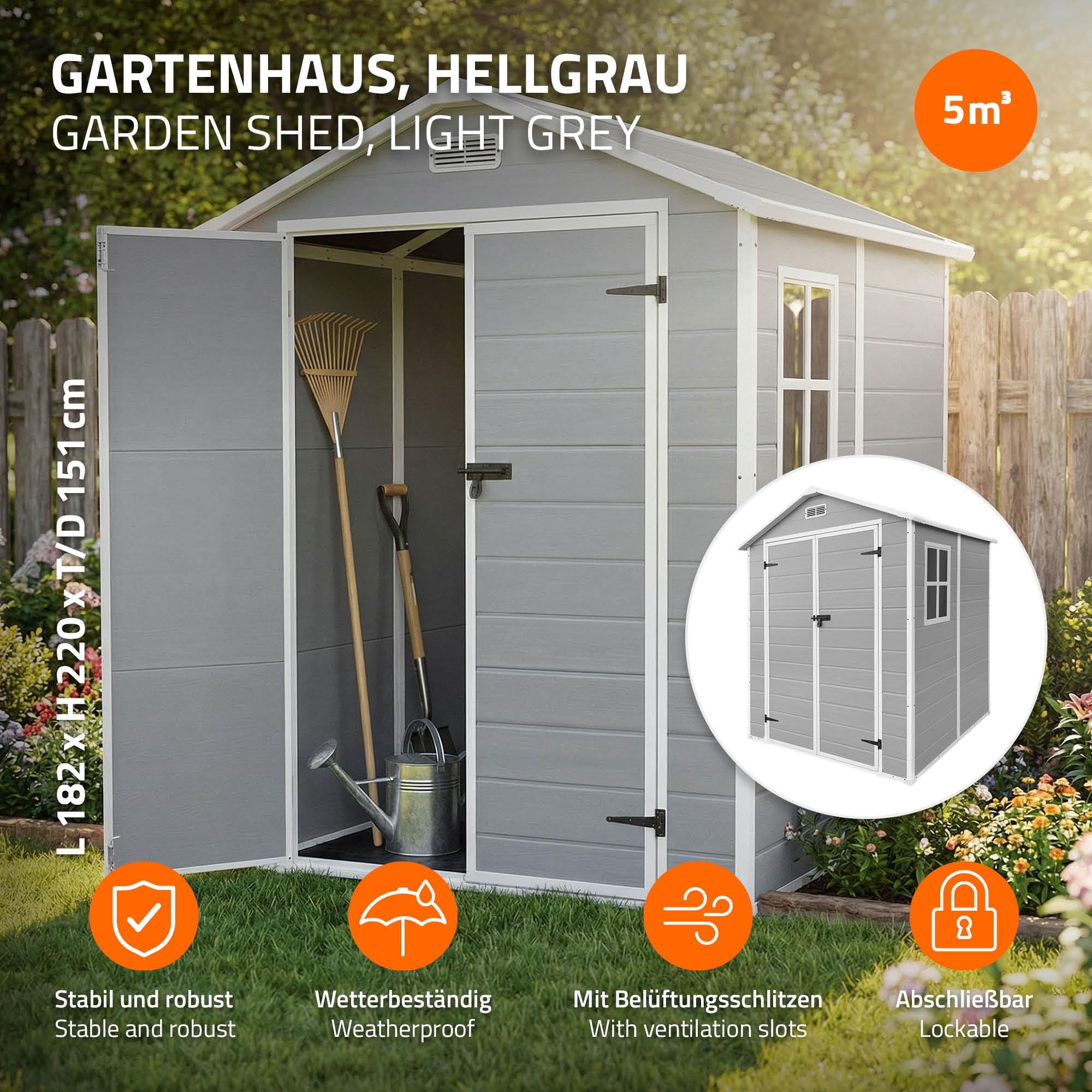 ECD Germany Caseta de Jardín con Suelo, 5m³ 151x182x220 cm Gris Claro, Cobertizo Exterior de Plástico para Almacenamiento de Herramientas, con Tejado en Dos Aguas, Puerta y Ventana de Ventilación - 2