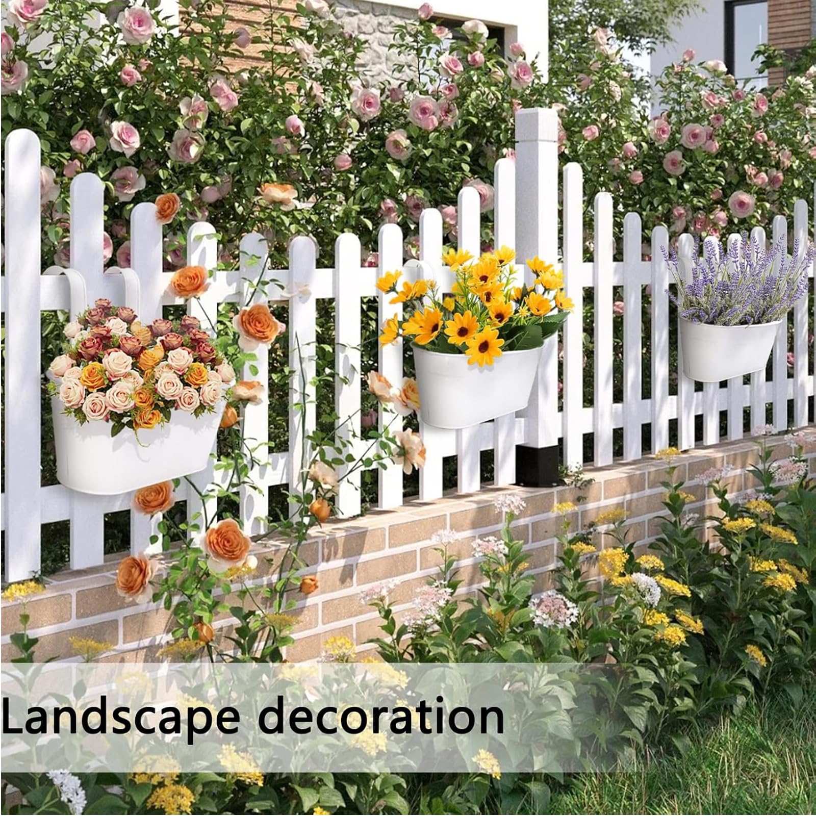 4 Stück Metall Blumentopf Hängend, Groß Hängetopf für Pflanzen, 27cm Blumentöpfe zum Aufhängen, Mit Abflussloch, für Balkonzäune, Gartendekoration, Mauerzäune (Weiß)