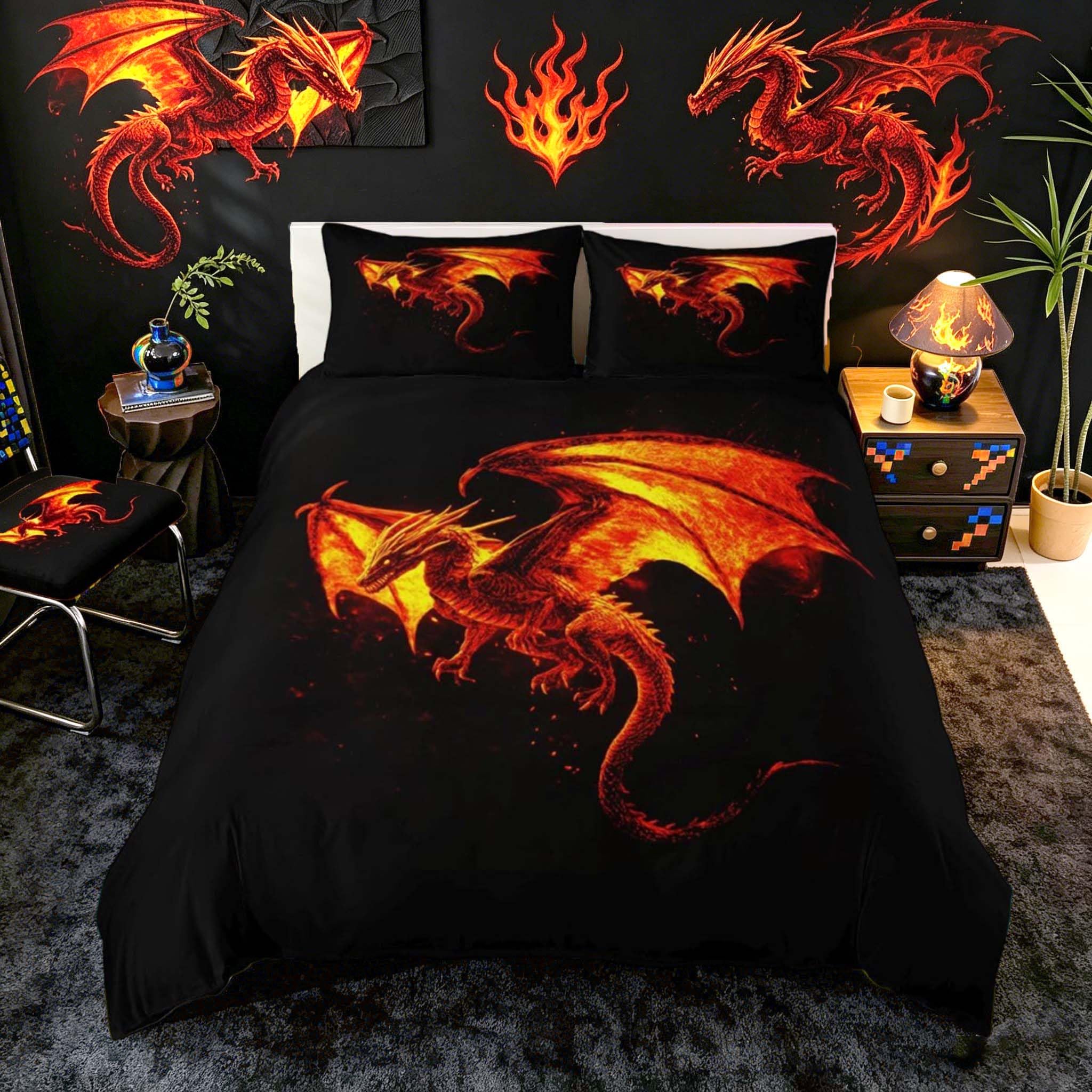 Loussiesd Fire Breathing Dragon Duvet Cover Cot Size Flaming Dragon Comforter Cover for Boys Girls Mythical Creature Print Bedding Set 2Pcs Animals Silhouette Art Room Decor