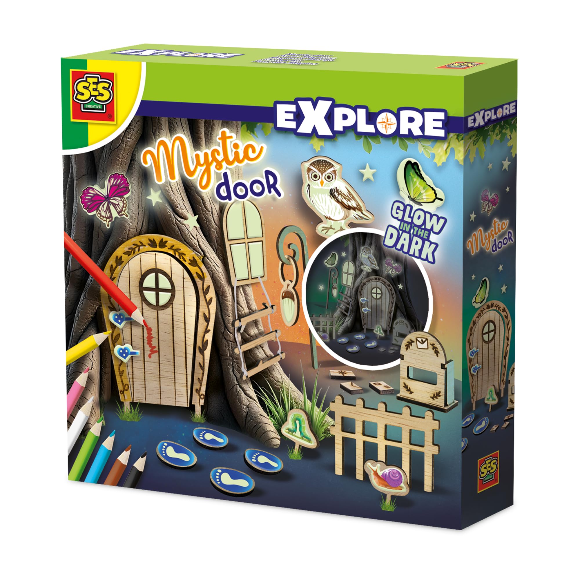 SES Creative Magic Gate – Create a Mystical Miniature Garden World – FSC Wooden Pieces, Glow‑in‑The‑Dark Stickers & Pencils – Outdoor Creative Set for Kids