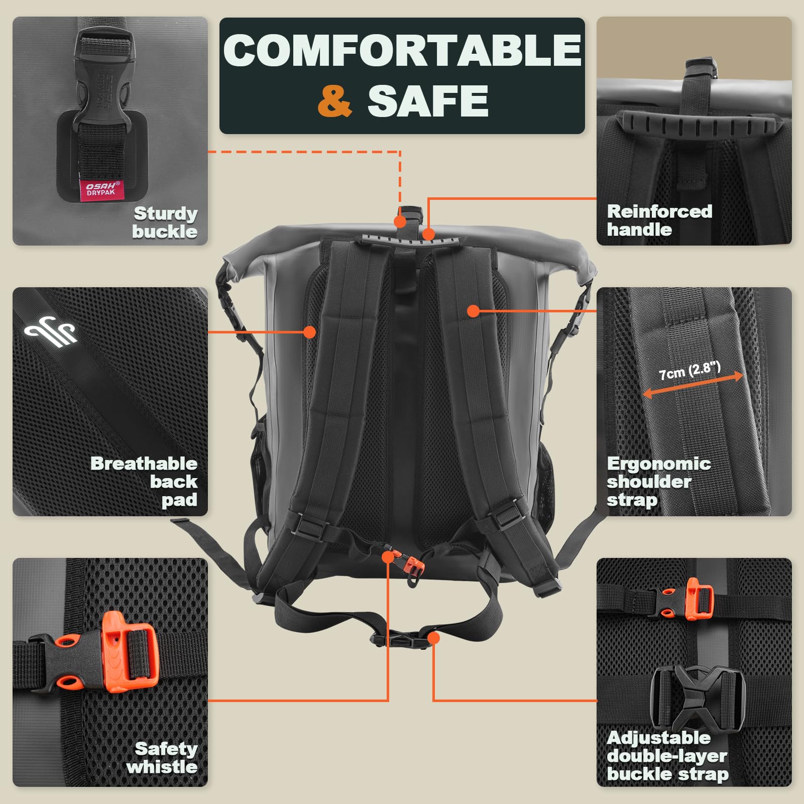 OSAH DRYPAK Zaino impermeabile Dry Bag – Roll-Top Zaino da trekking per viaggi, kayak, canottaggio, campeggio e pesca